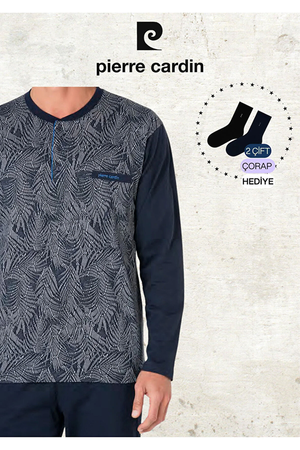 Erkek %100 Pamuk Uzun Kol Jakarlı 2'li Siyah Pijama Takımı (2 Adet Hediye Çorap) L1.PC.6111.001