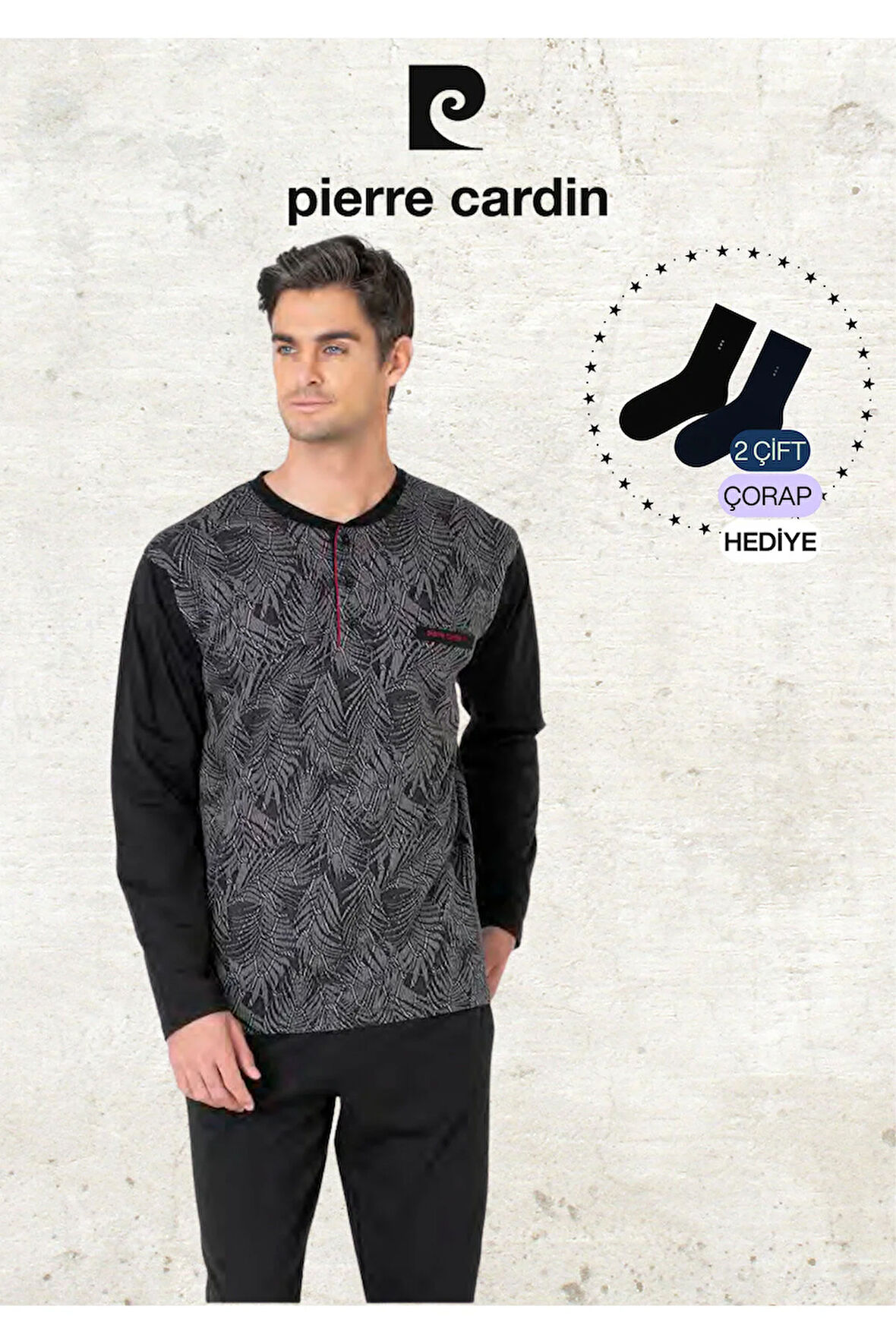 Erkek %100 Pamuk Uzun Kol Jakarlı 2'li Siyah Pijama Takımı (2 Adet Hediye Çorap) L1.PC.6111.001