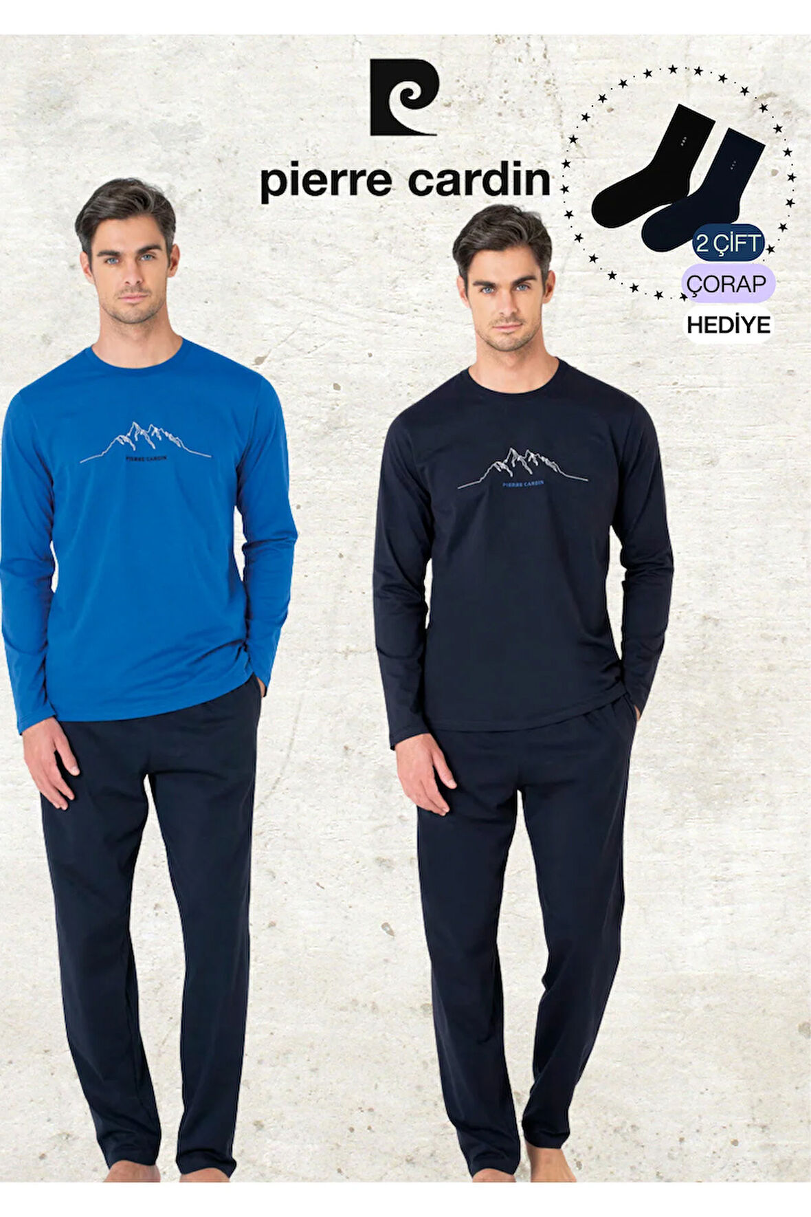 Erkek Giyim %100 Pamuk Uzun Kollu Saks Mavi & Lacivert İki Adet Pijama Takımı L1.PC.6101.002