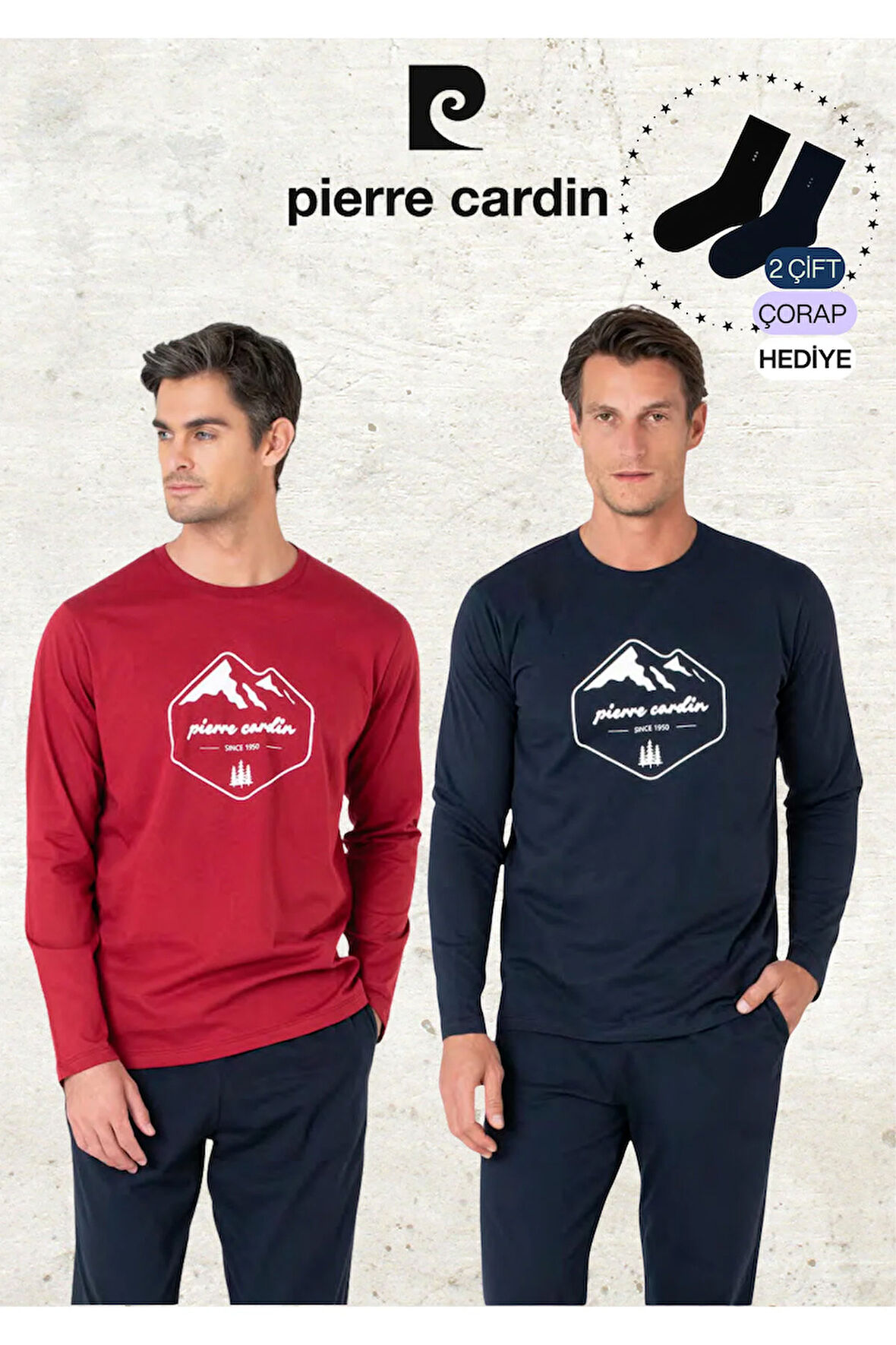 Erkek %100 Pamuk Uzun Kollu Desenli Koyu Gri & Lacivert İki Adet Pijama Takımı L1.PC.6097.002