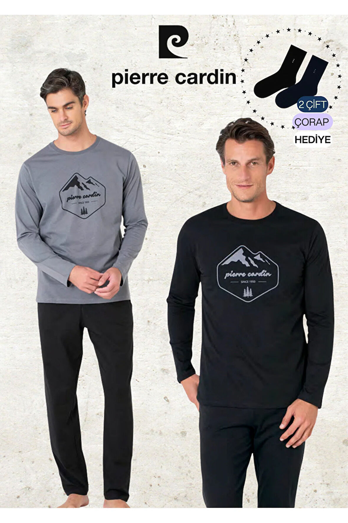 Erkek %100 Pamuk Uzun Kollu Desenli Koyu Gri & Lacivert İki Adet Pijama Takımı L1.PC.6097.002