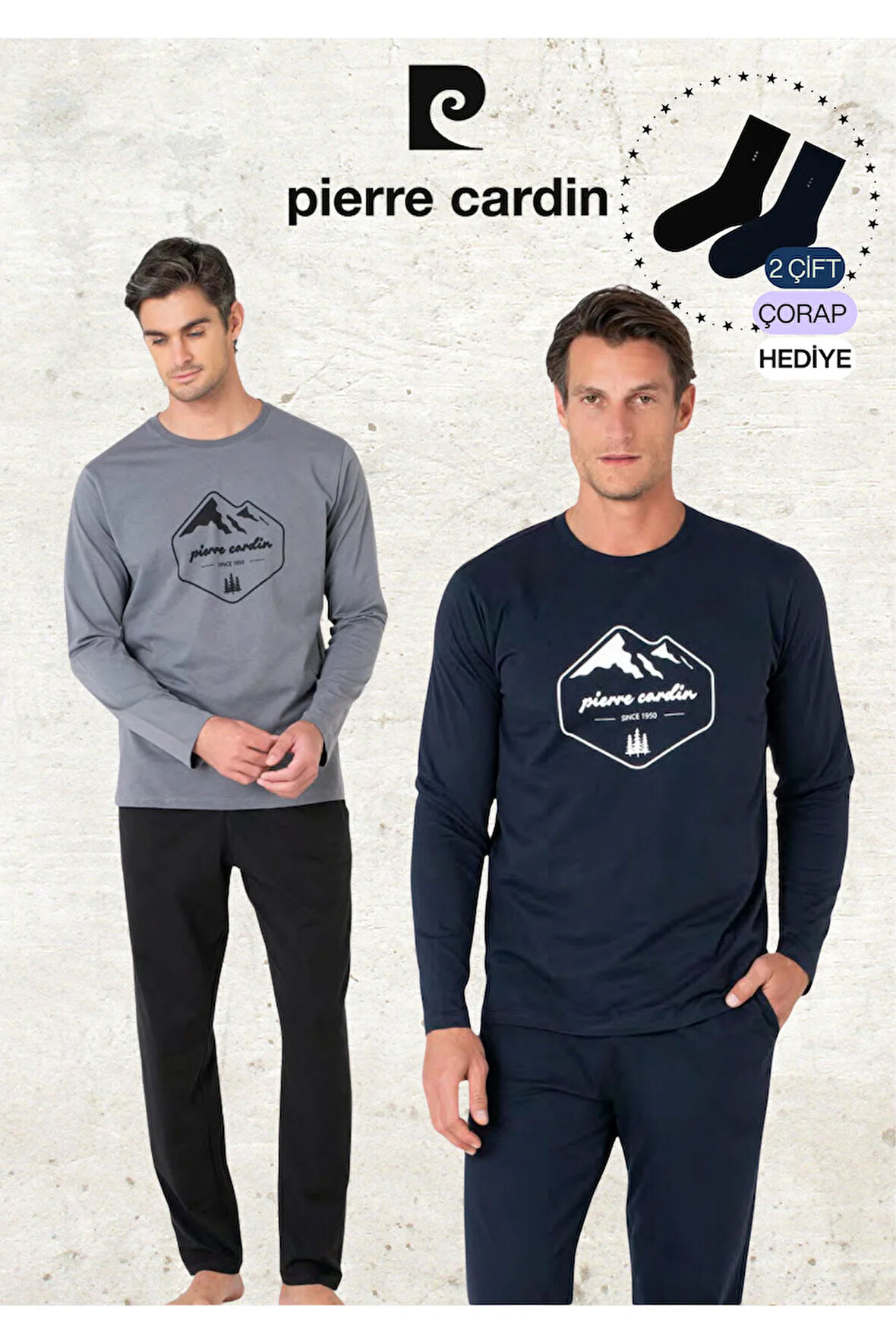 Erkek %100 Pamuk Uzun Kollu Desenli Koyu Gri & Lacivert İki Adet Pijama Takımı L1.PC.6097.002