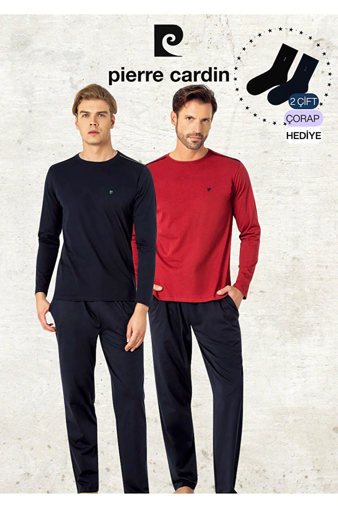 Erkek %100 Pamuk Uzun Kollu Logolu Koyu Gri & Siyah İki Adet Pijama Takımı L1.PC.6100.002