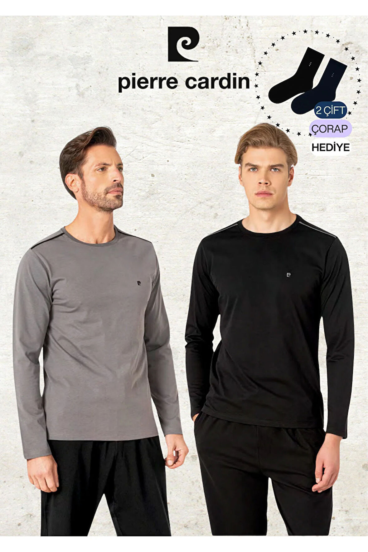 Erkek %100 Pamuk Uzun Kollu Logolu Koyu Gri & Siyah İki Adet Pijama Takımı L1.PC.6100.002