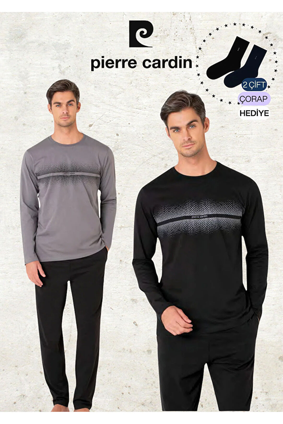 Erkek %100 Pamuk Uzun Kollu Desenli Koyu Gri & Siyah İki Adet Pijama Takımı L1.PC.6102.002