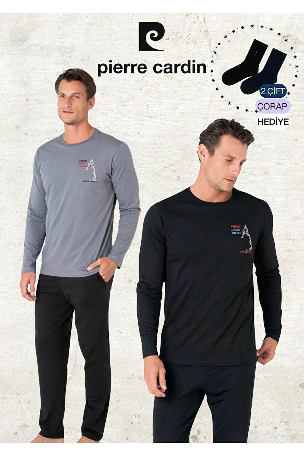 Erkek %100 Pamuk Uzun Kol Baskılı Koyu Gri & Siyah İki Adet Pijama Takımı L1.PC.6103.002