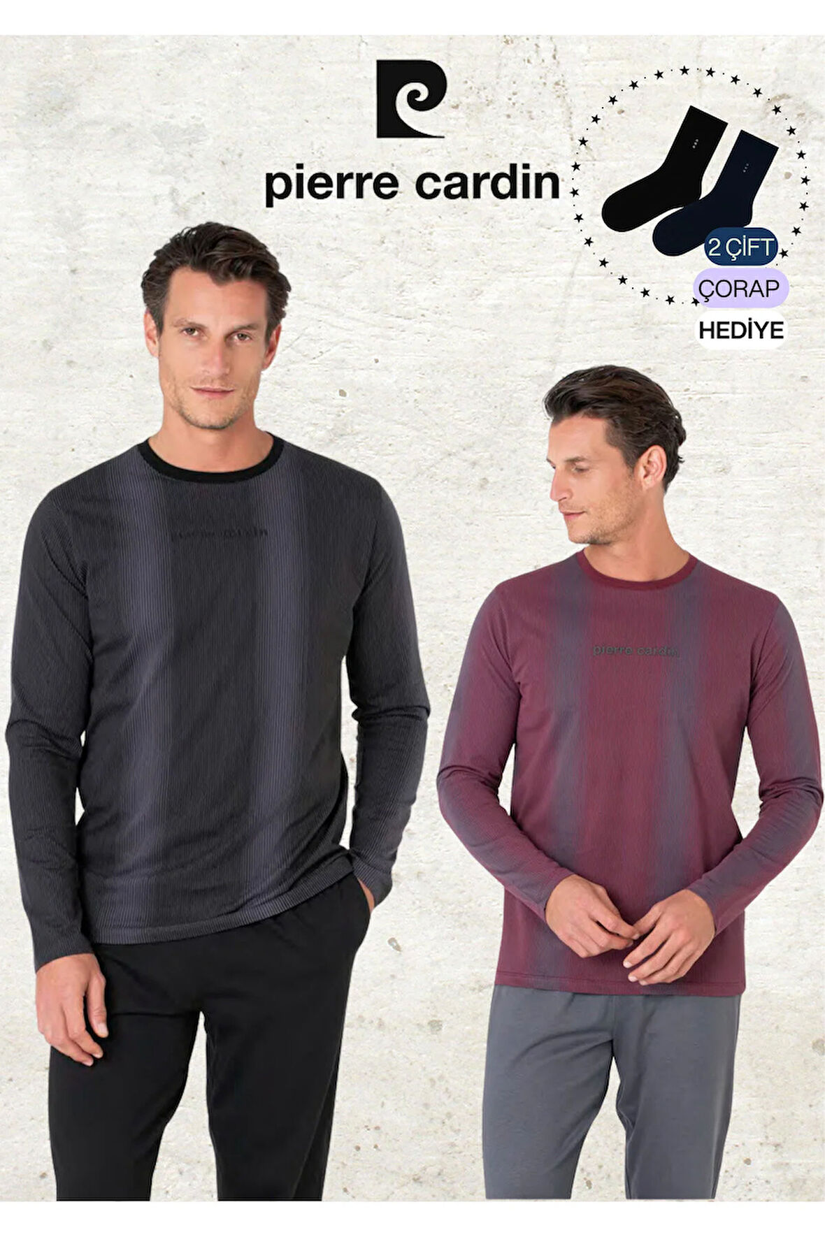 Erkek %100 Pamuk Uzun Kol Çizgi Detaylı Lacivert & Bordo İki Adet Pijama Takımı L1.PC.6105.002