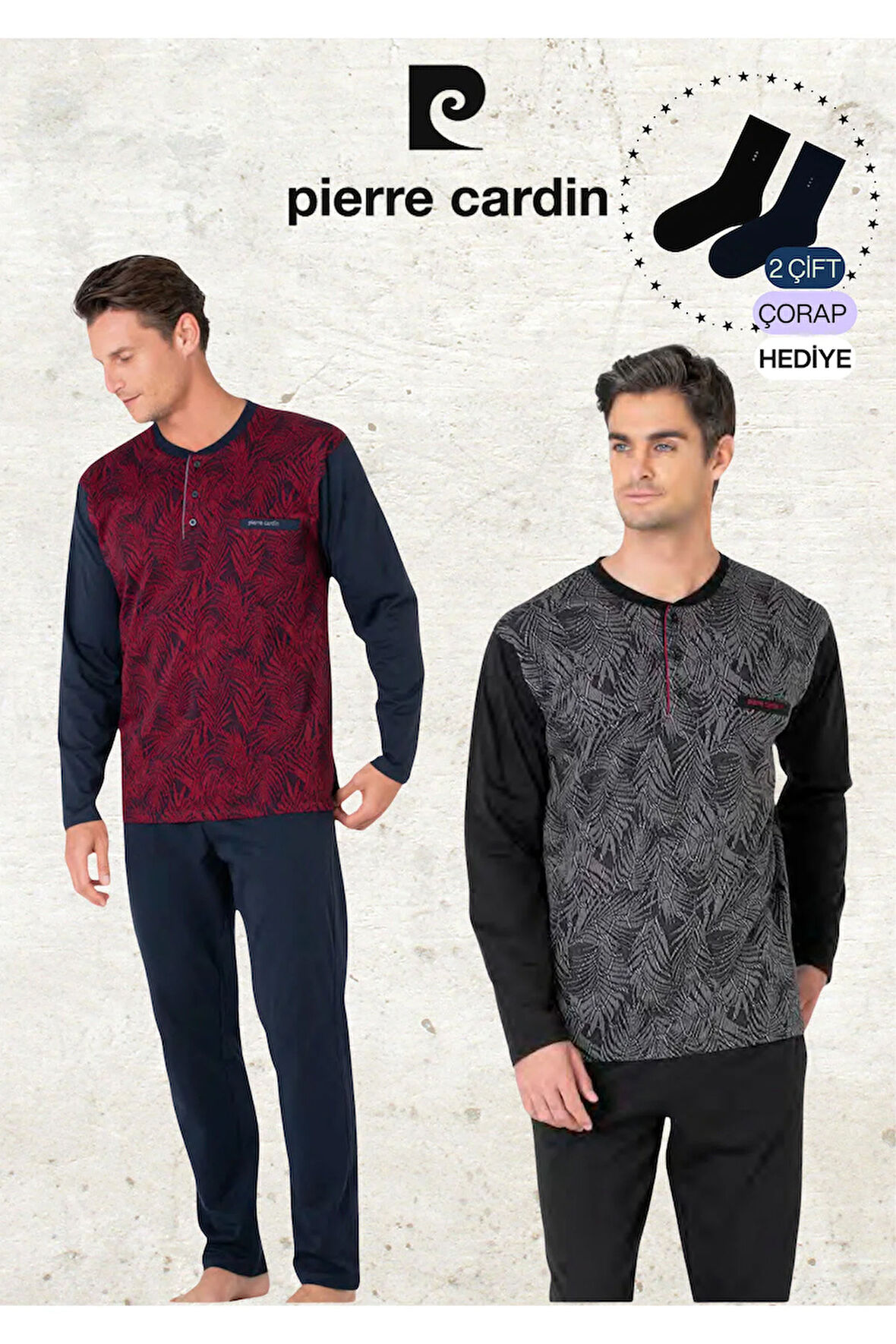 Erkek %100 Pamuk Uzun Kol Jakarlı Haki & Siyah İki Adet Pijama Takımı L1.PC.6111.002