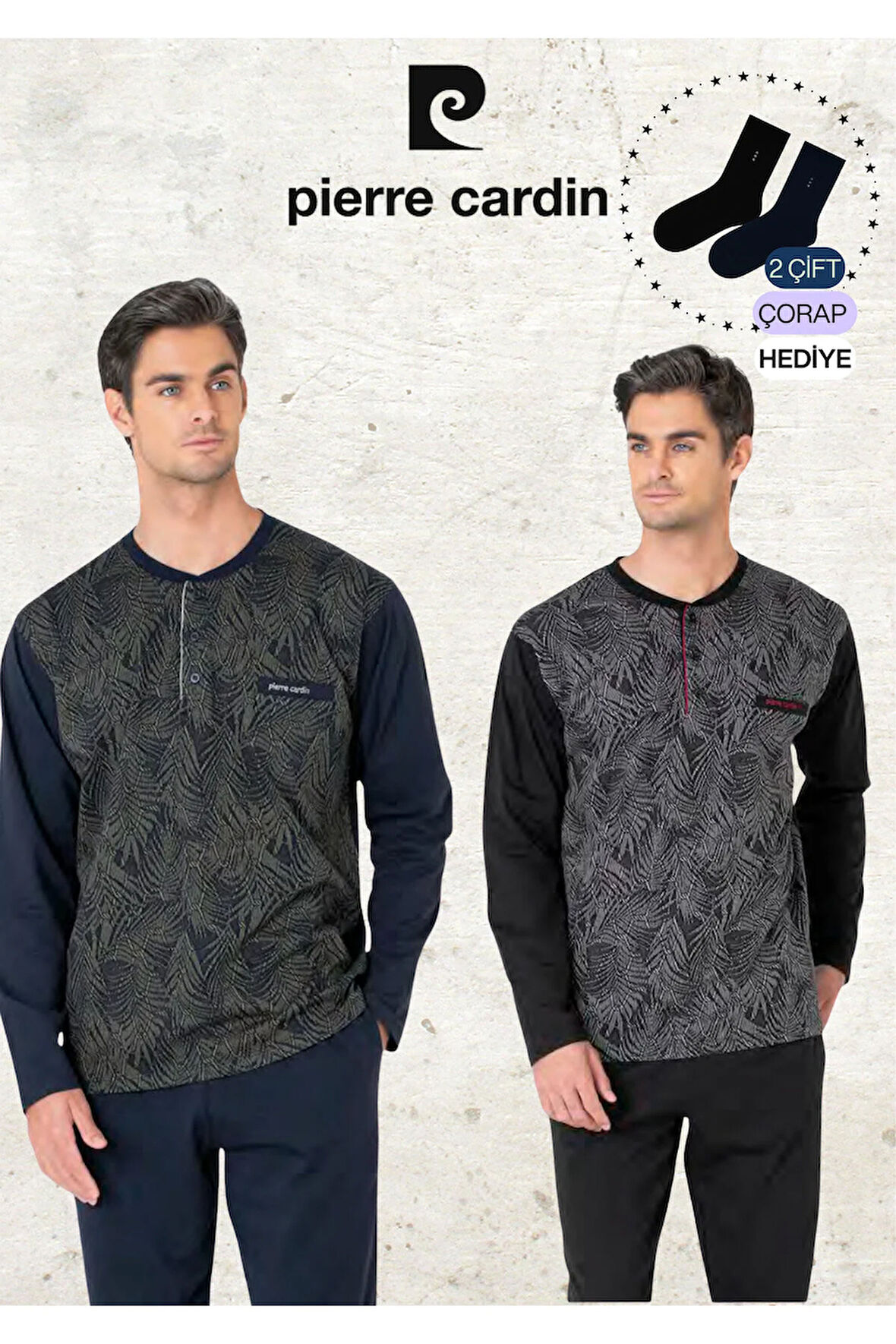 Erkek %100 Pamuk Uzun Kol Jakarlı Haki & Siyah İki Adet Pijama Takımı L1.PC.6111.002