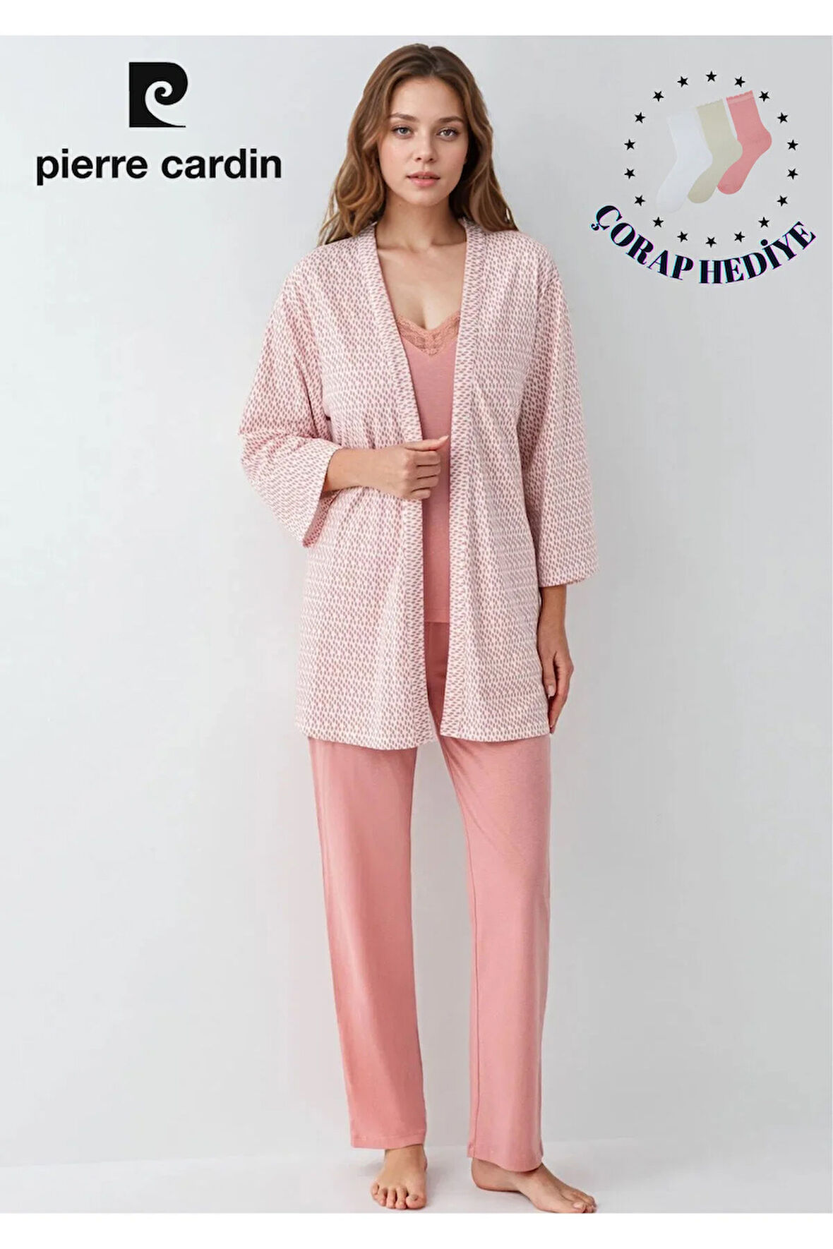 Kadın Modal Kutulu 3 Parça Desenli Pembe Sabahlık & Pijama Takımı Set L1.PC.908.2.001
