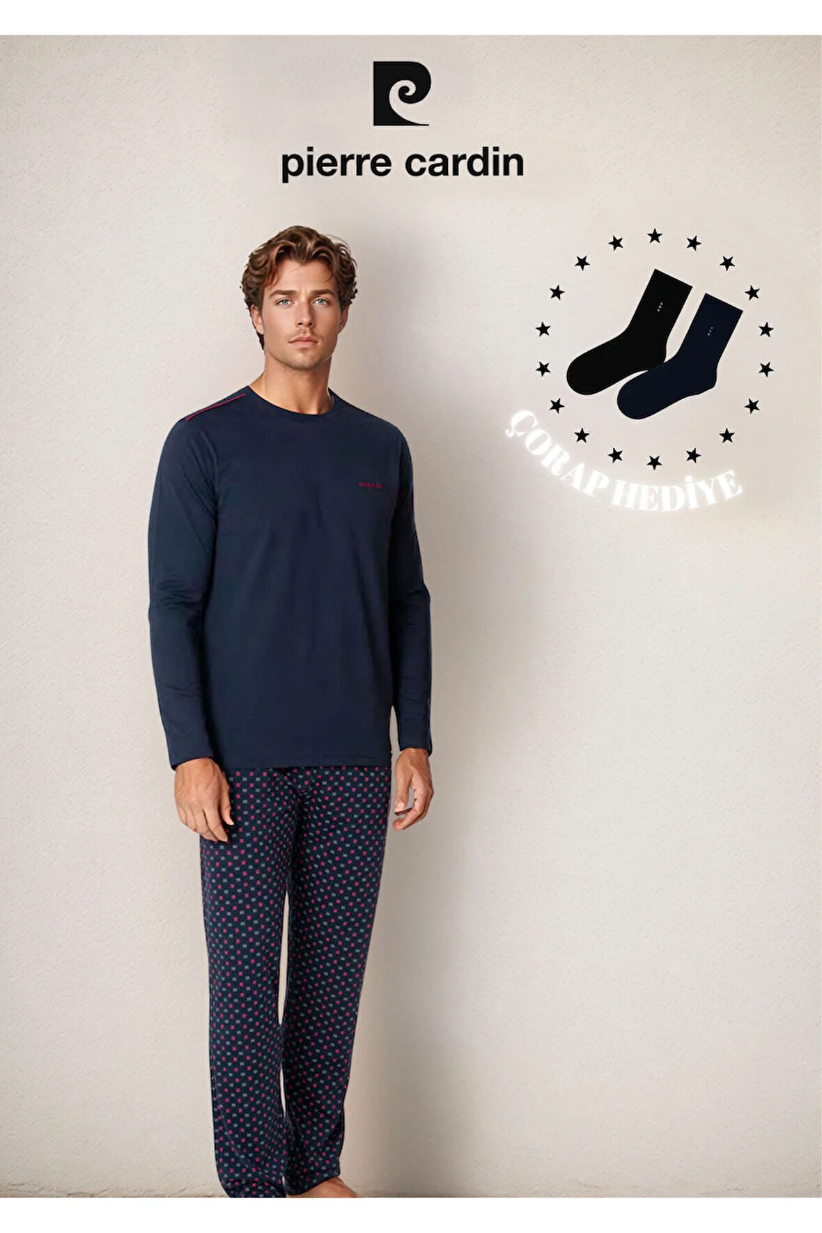 Erkek %100 Pamuk Uzun Kol Logo Detaylı & Lisanslı Pijama Takımı (2 Adet Hediye Çorap) L1.PC.6099.001