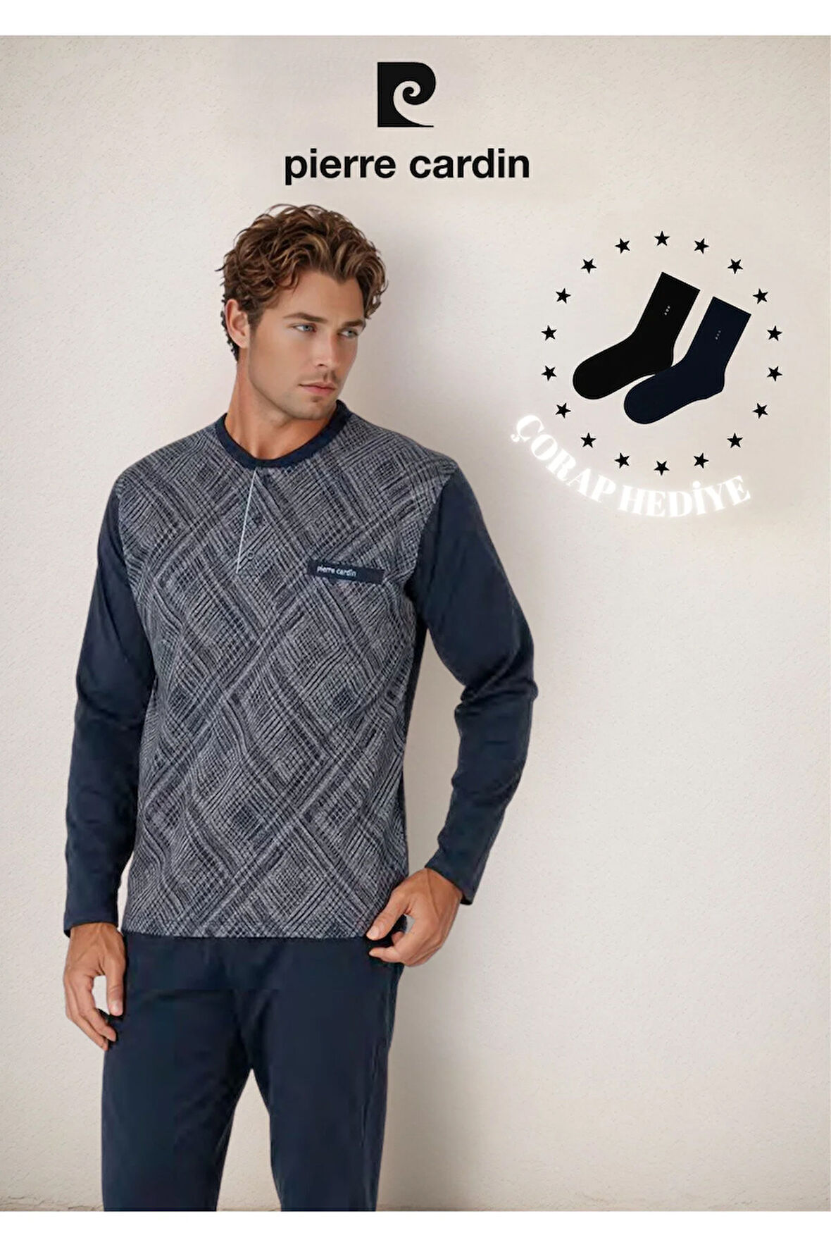 Erkek %100 Pamuk Uzun Kol Jakarlı & Düğme Detaylı Pijama Takımı (2 Adet Hediye Çorap) L1.PC.6108.001