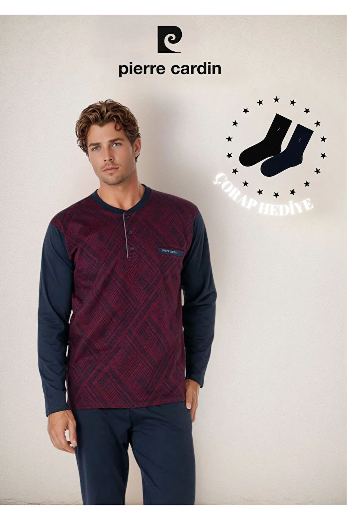 Erkek %100 Pamuk Uzun Kol Jakarlı & Düğme Detaylı Pijama Takımı (2 Adet Hediye Çorap) L1.PC.6108.001