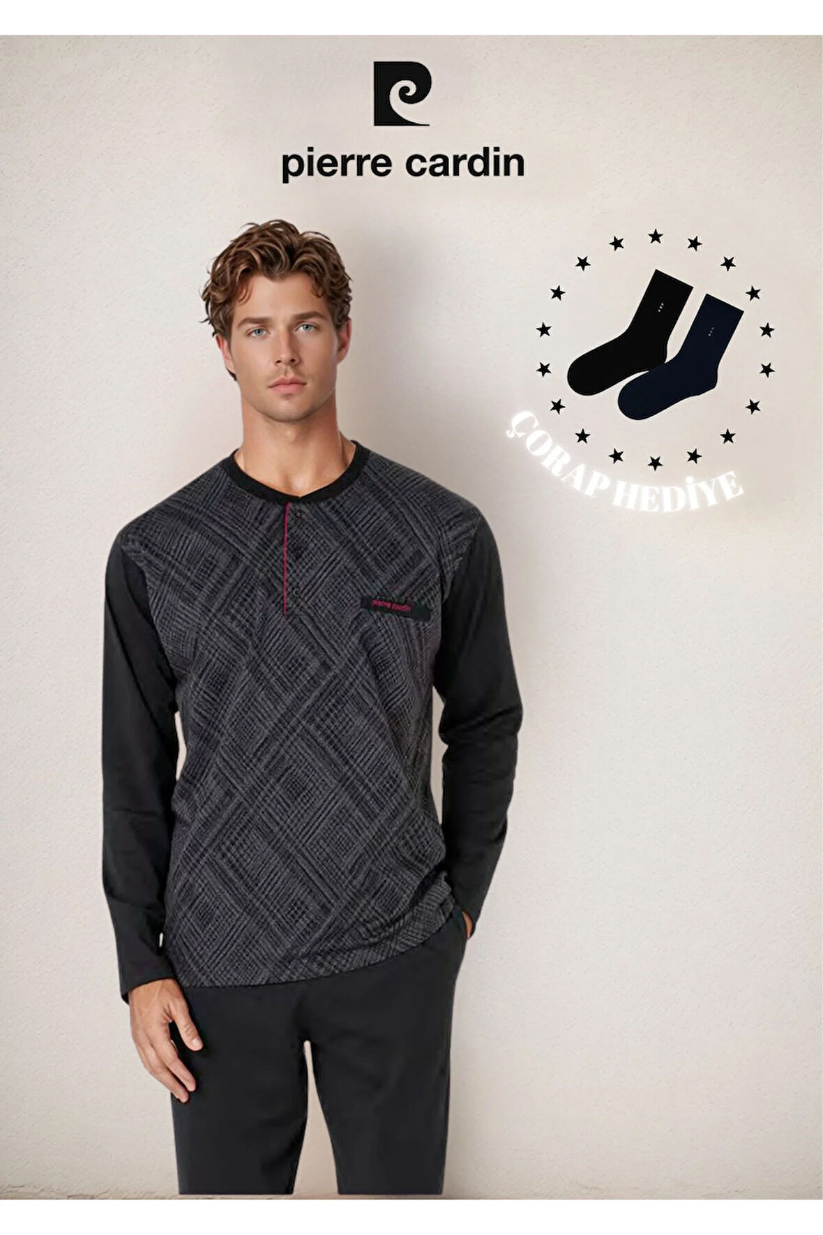 Erkek %100 Pamuk Uzun Kol Jakarlı & Düğme Detaylı Pijama Takımı (2 Adet Hediye Çorap) L1.PC.6108.001