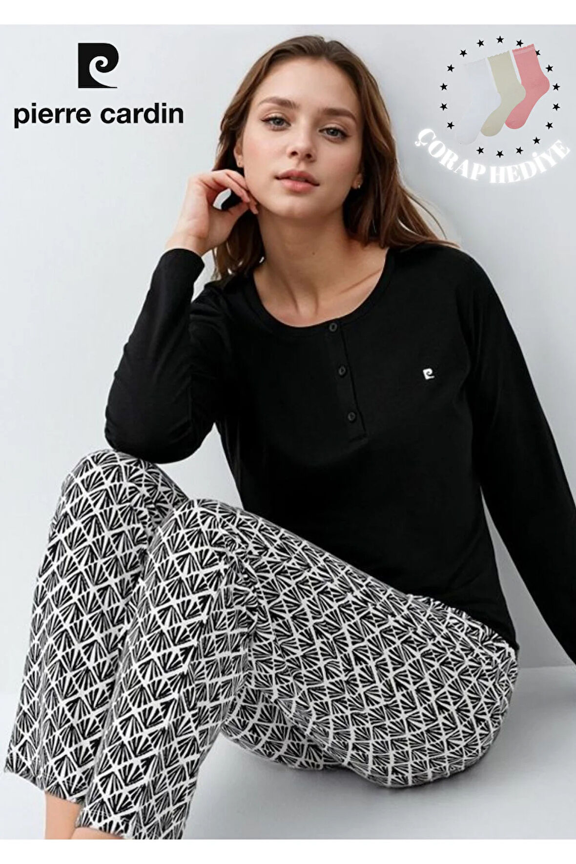 Kadın Giyim Düğme Detaylı Modal & Pamuk Uzun Kol 2'li Pijama Takımı L1.PC.9086.001