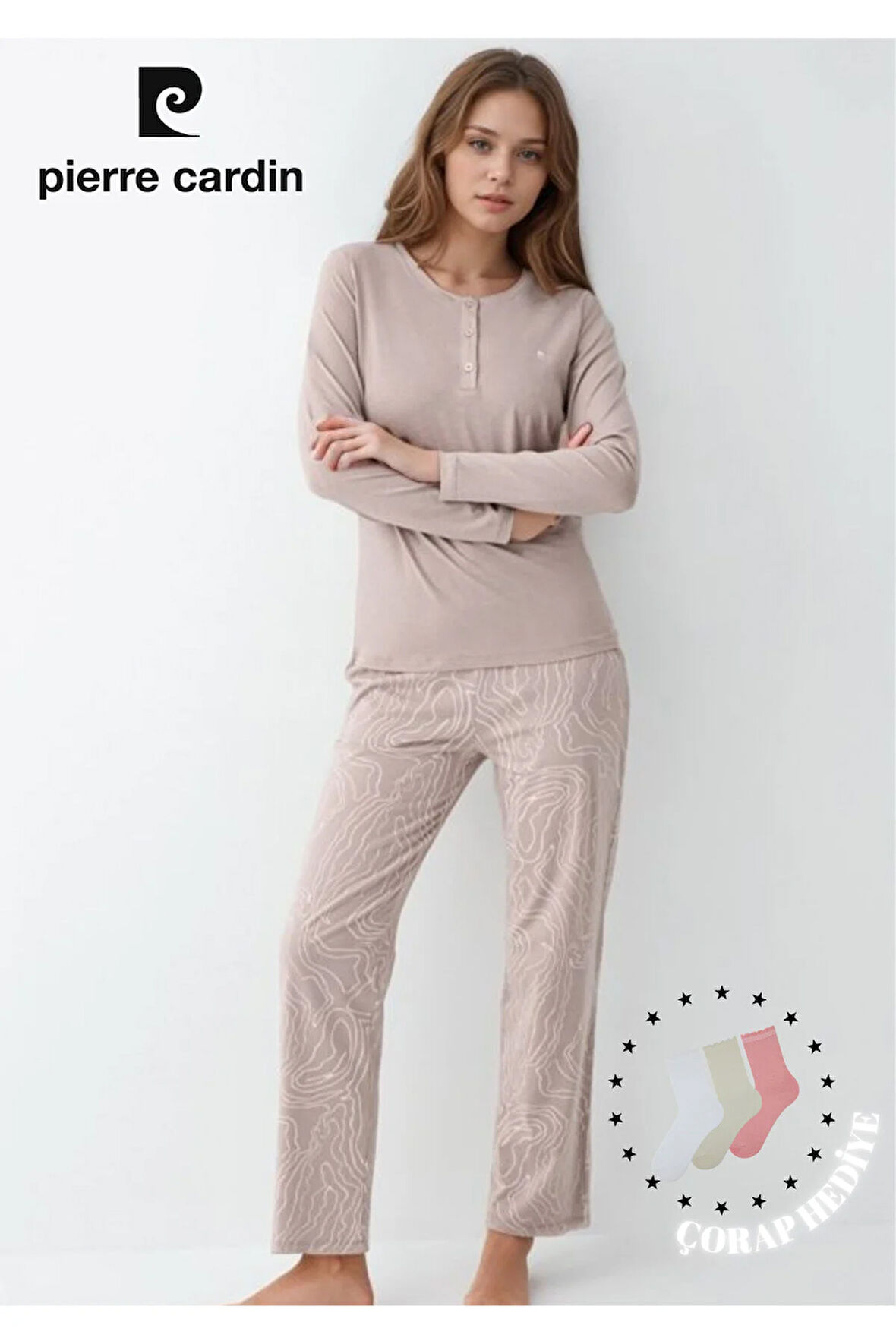 Kadın Giyim Düğme Detaylı Modal & Pamuk Uzun Kol 2'li Pijama Takımı L1.PC.9086.001