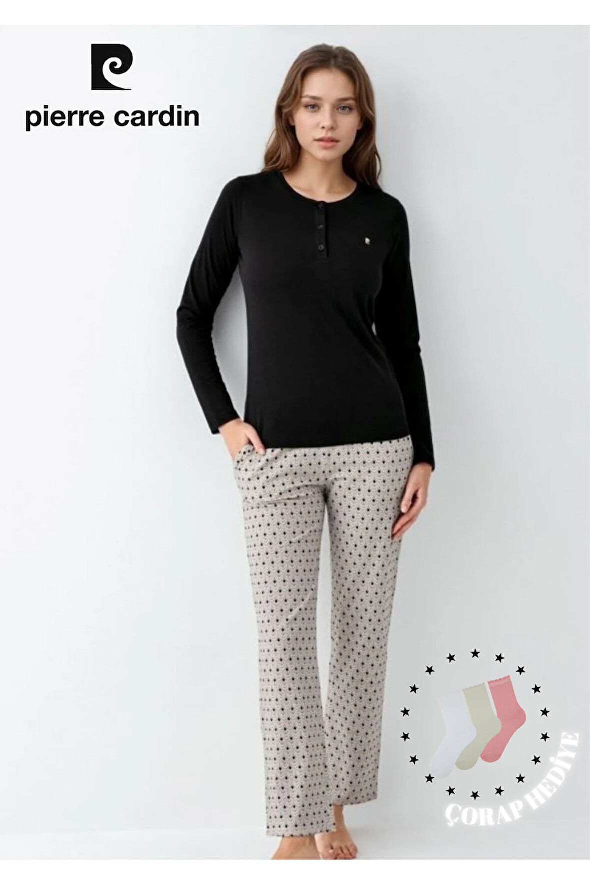 Kadın Giyim Düğme Detaylı Modal & Pamuk Uzun Kol 2'li Siyah Pijama Takımı L1.PC.9102.001