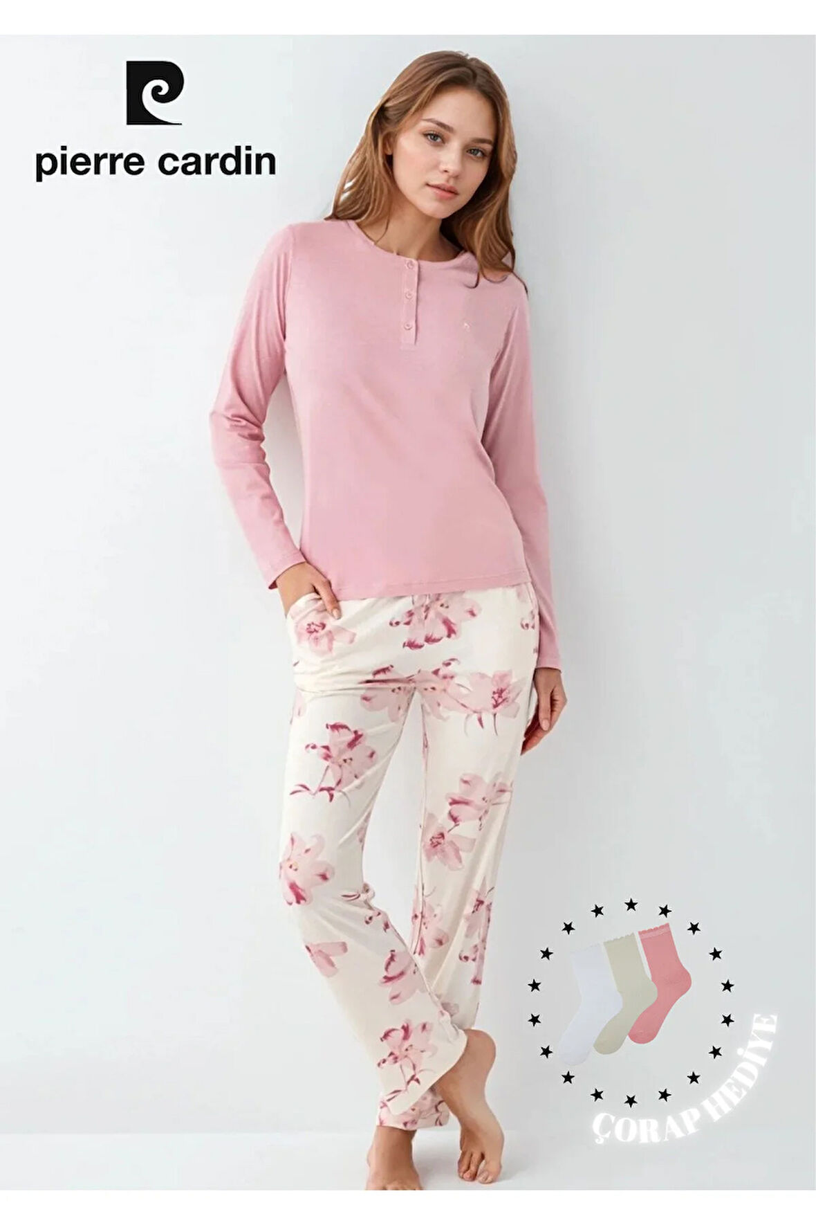 Kadın Giyim Düğme Detaylı Modal & Pamuk Uzun Kol 2'li Pembe Pijama Takımı L1.PC.9055.001