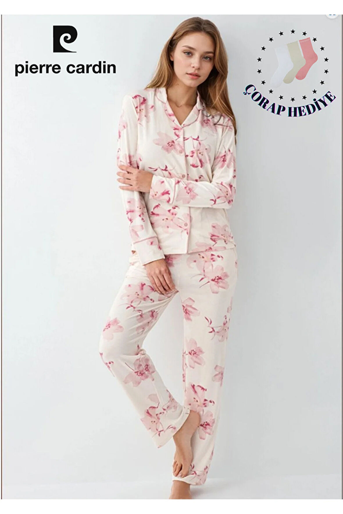 Kadın Giyim Kutulu Modal & Pamuk Çiçek Desenli Gömlek Pijama Takımı OL.PC.905.6.001