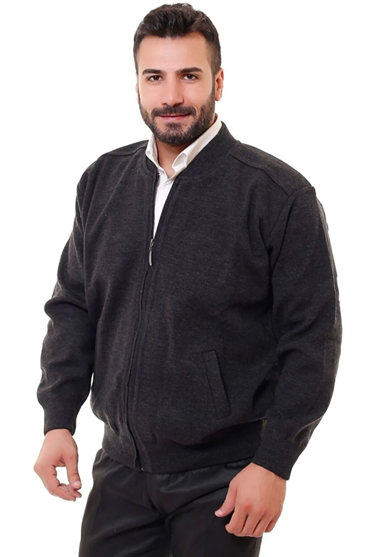 Astarlı Çelik Örme Casual Rahat Kalıp Hırka Mont Antrasit