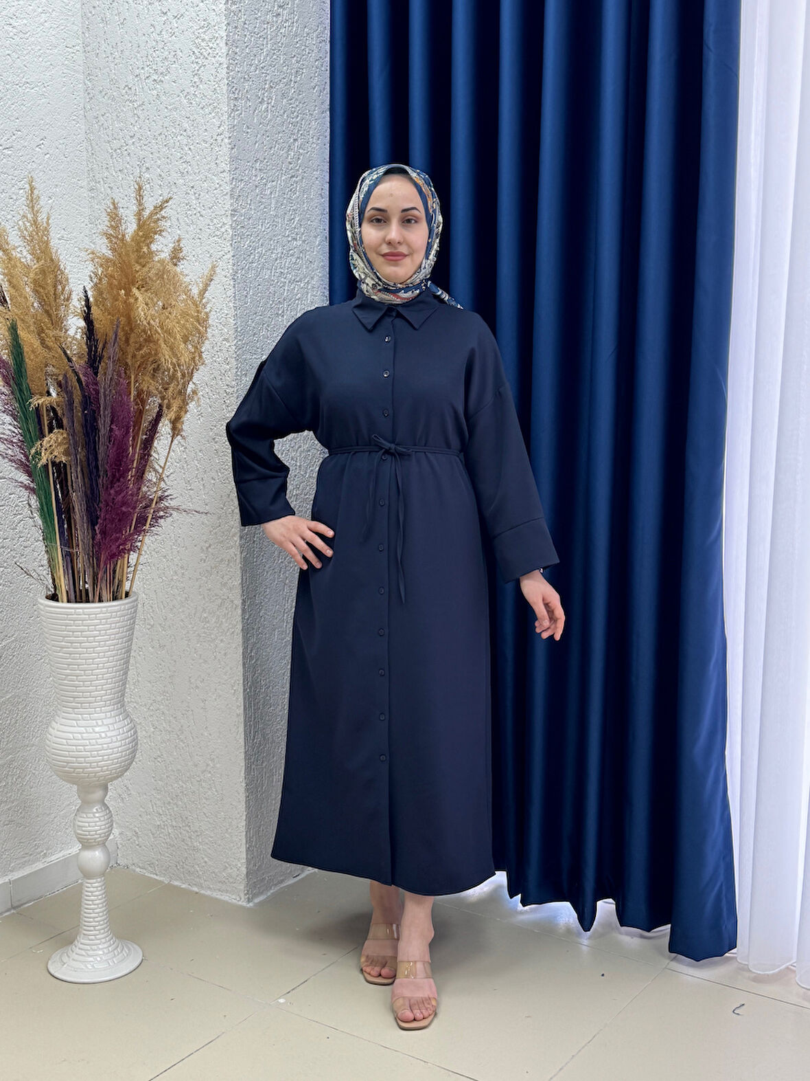 Nesrin Takma Manşet Dabıl Elbise-TN017 Lacivert