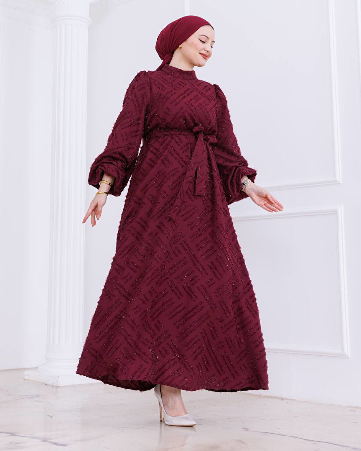 İmran İşlemeli Ve Simli Kuşaklı Elbise-PA9564 Bordo