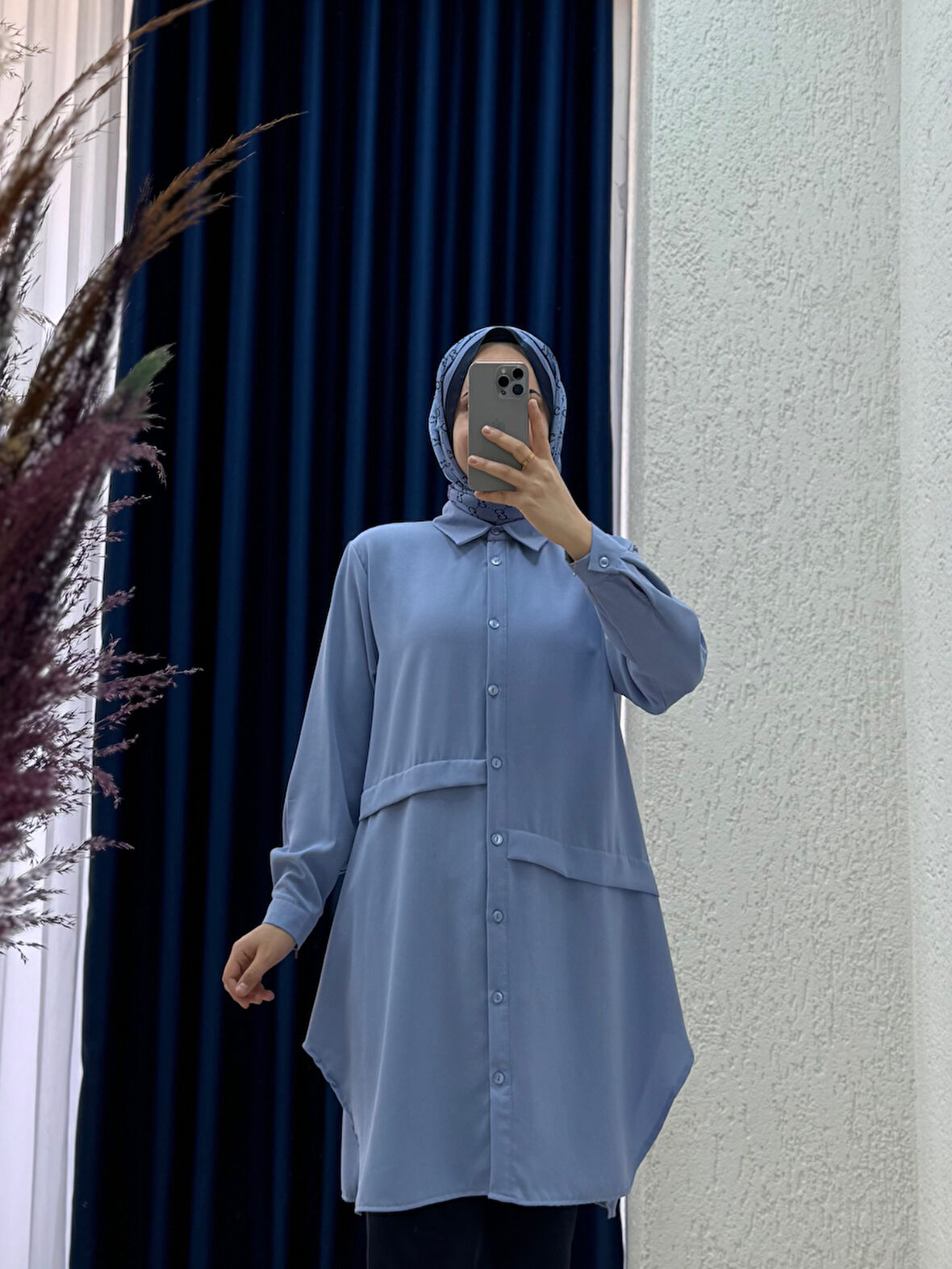 Eda Önleri Pileli Linda Tunik-EL1173 Mavi