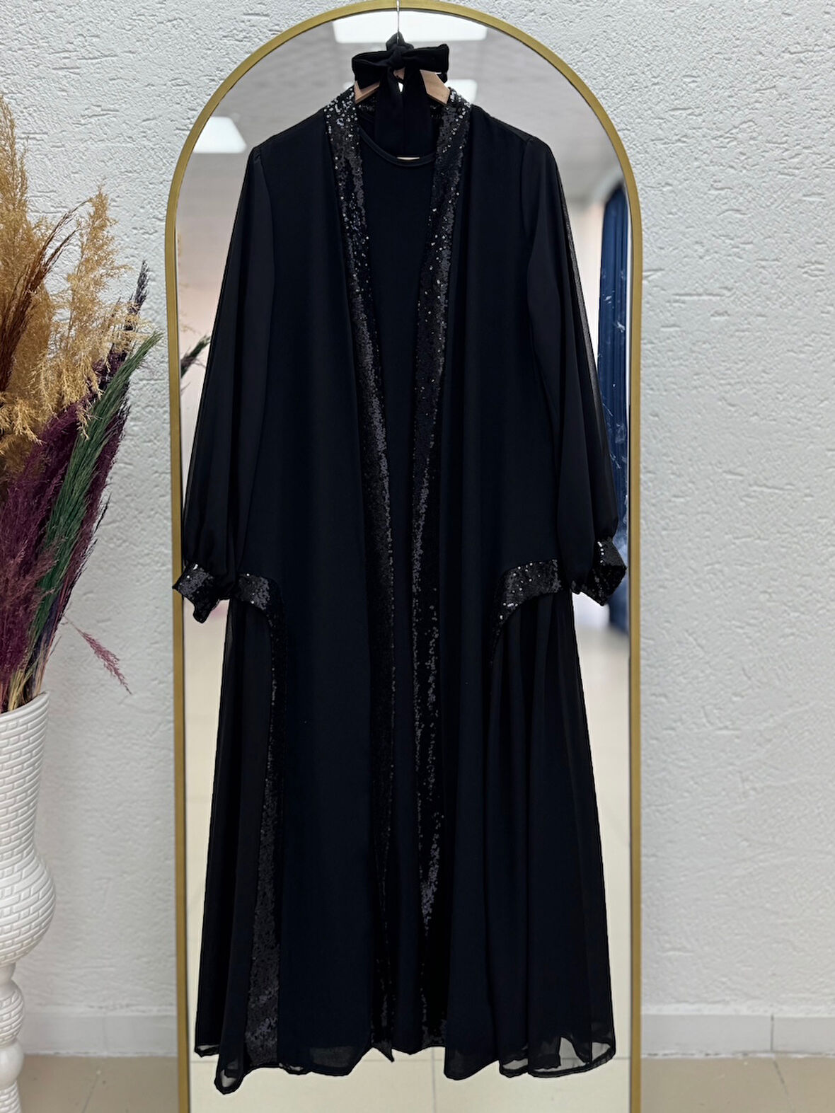 Tuğba Krep Pul Payet Abaya-PA9569 Siyah