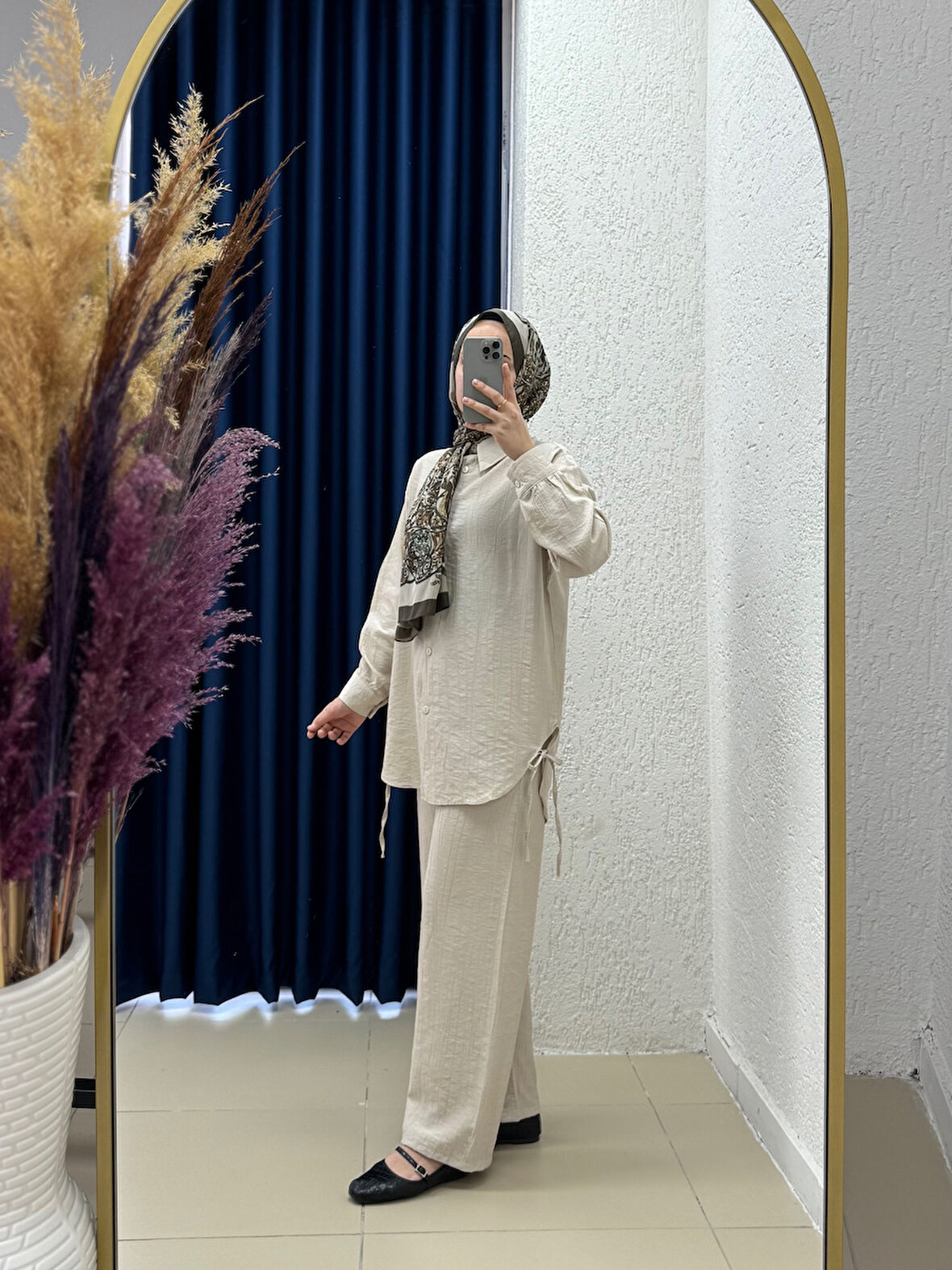 Yelita Yırtmacı İpli Çilek Pantolonlu Takım-MF462 Taş