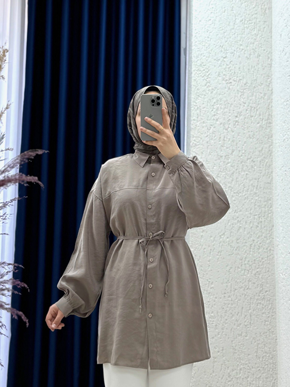 Yelilia Bağcıklı Robalı Modal Gömlek-PE223 Vizon