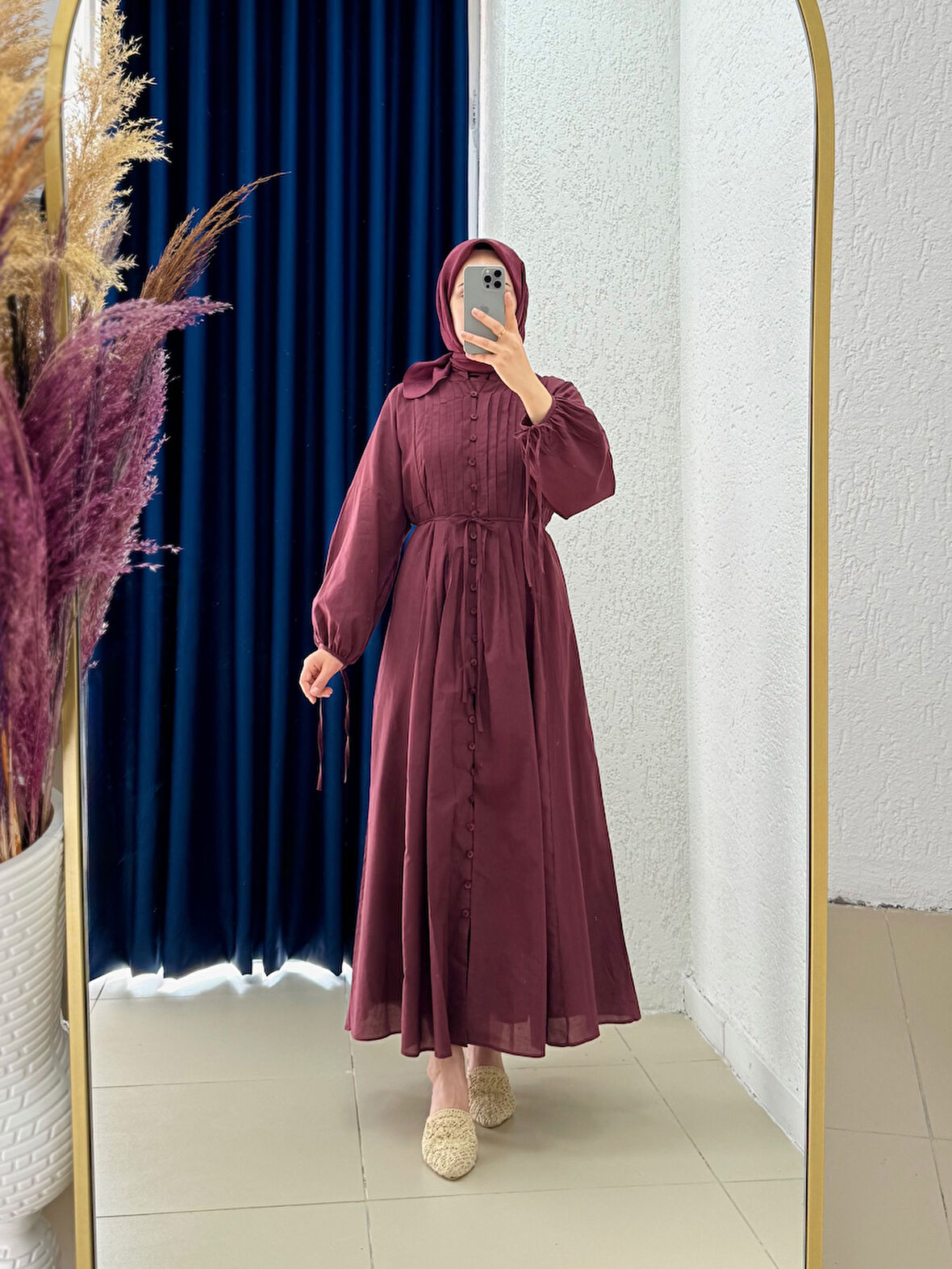 Tirira Boydan Düğmeli Pileli İkili Elbise-HE8365 Bordo