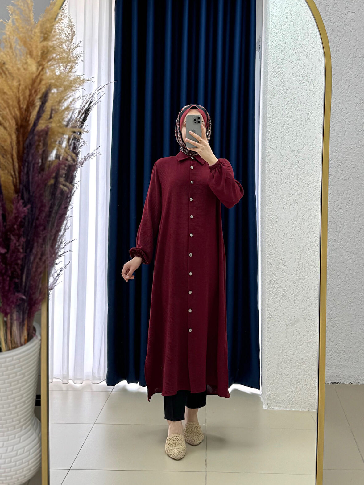 Treva Önü Metal Düğmeli Yanı Yırtmaçlı Tunik-FA876 Bordo