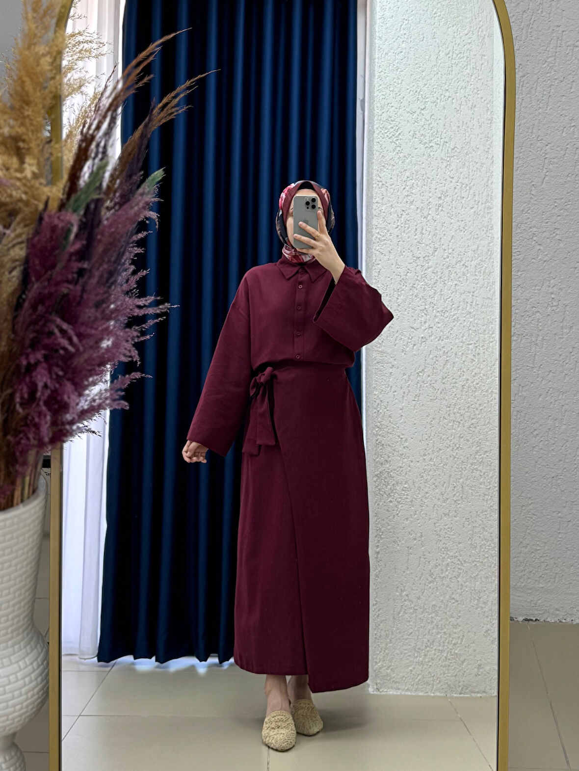 Serista Eteği Yandan Bağlamalı Keten Takım-EK262 Bordo