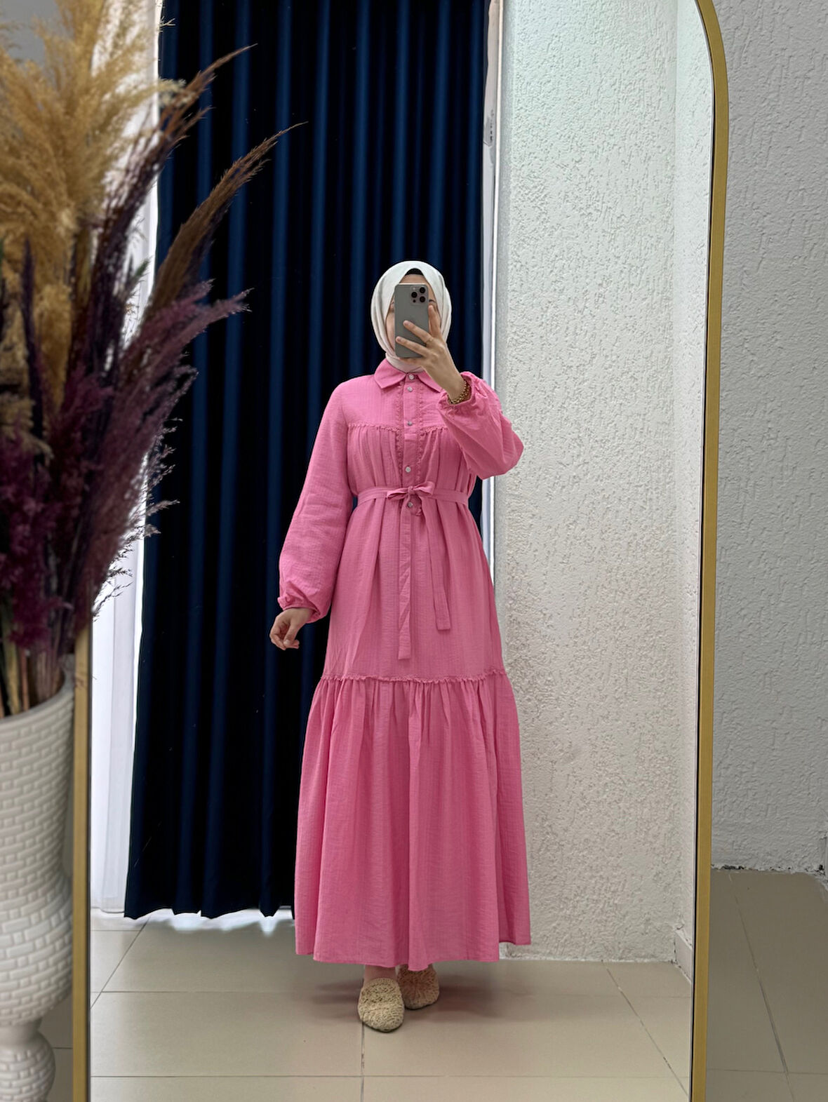 Sorasya Yarım Patlı Kat Detaylı Elbise-AY8597 Pembe