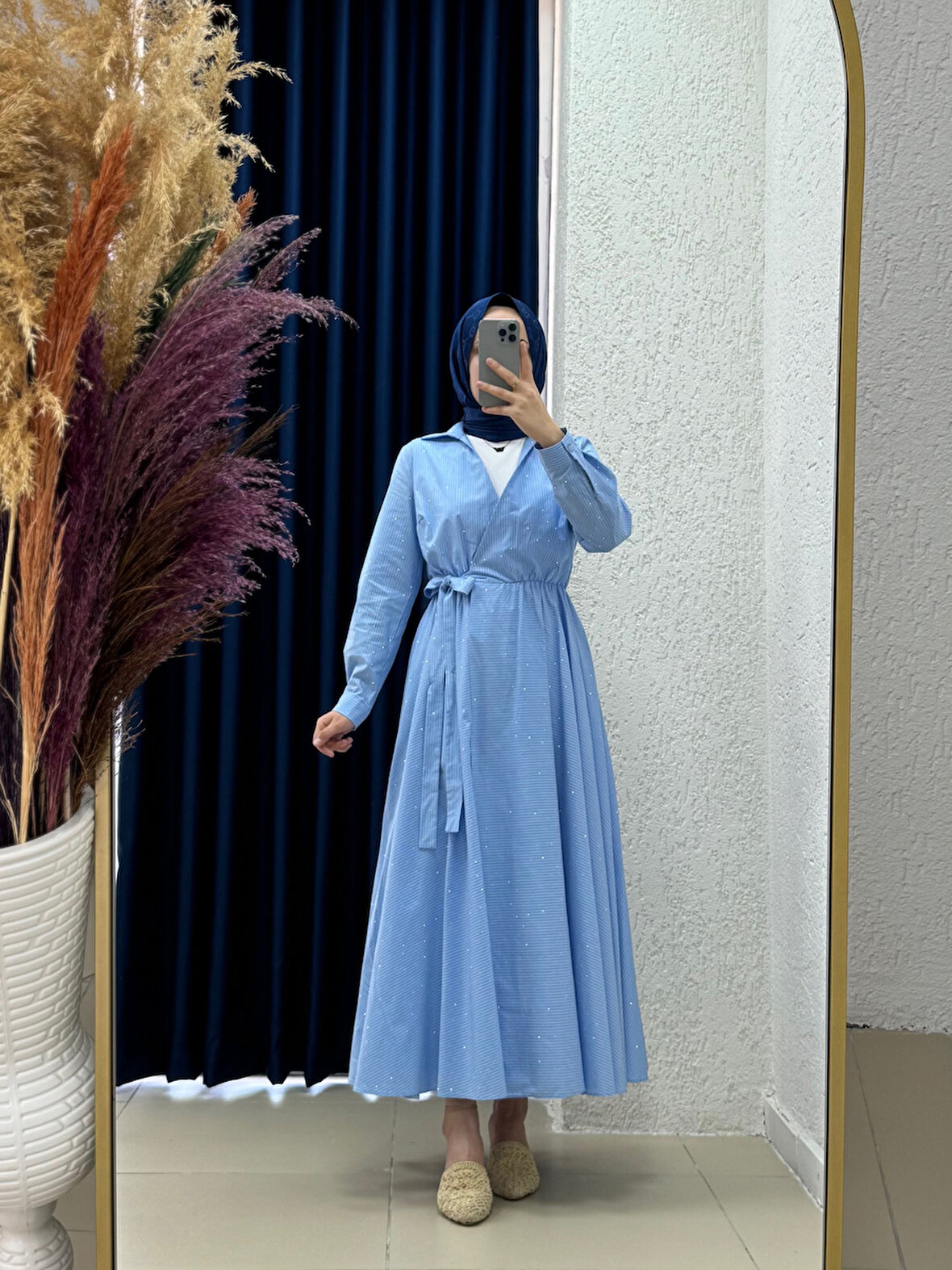 Ravuna Bağlamalı Çizgili Pırıltılı Elbise-BY91097 Mavi