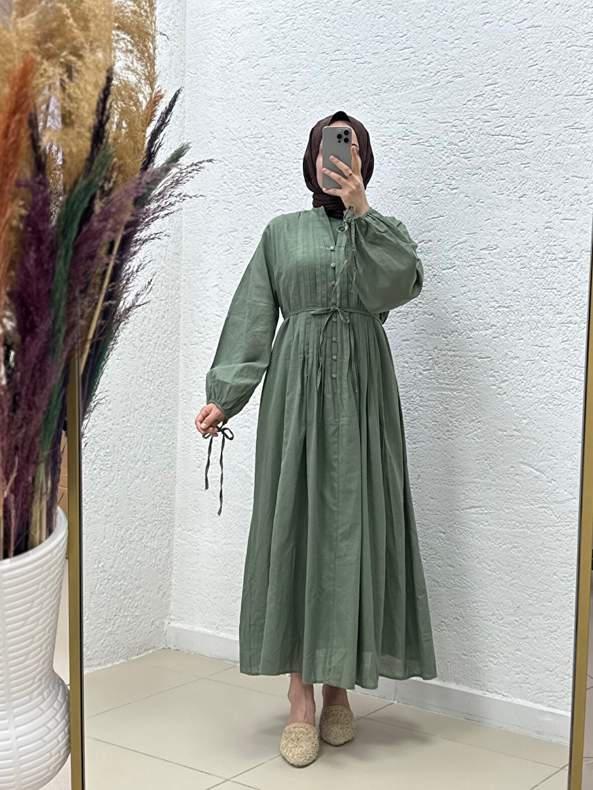 Orelita Önü Düğmeli ve Pileli Elbiseli Takım-BN4449 Haki