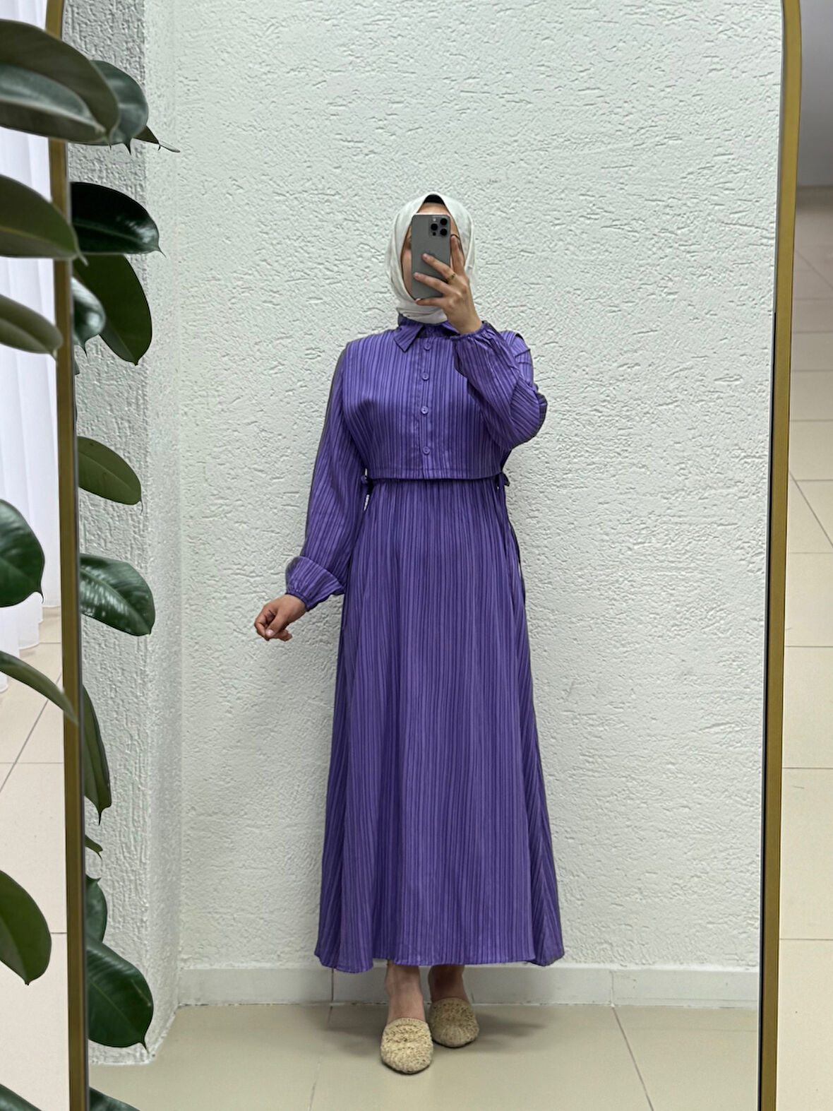 Miretta Yelekli Beli Lastikli Nada Elbise-Çİ510 Lila