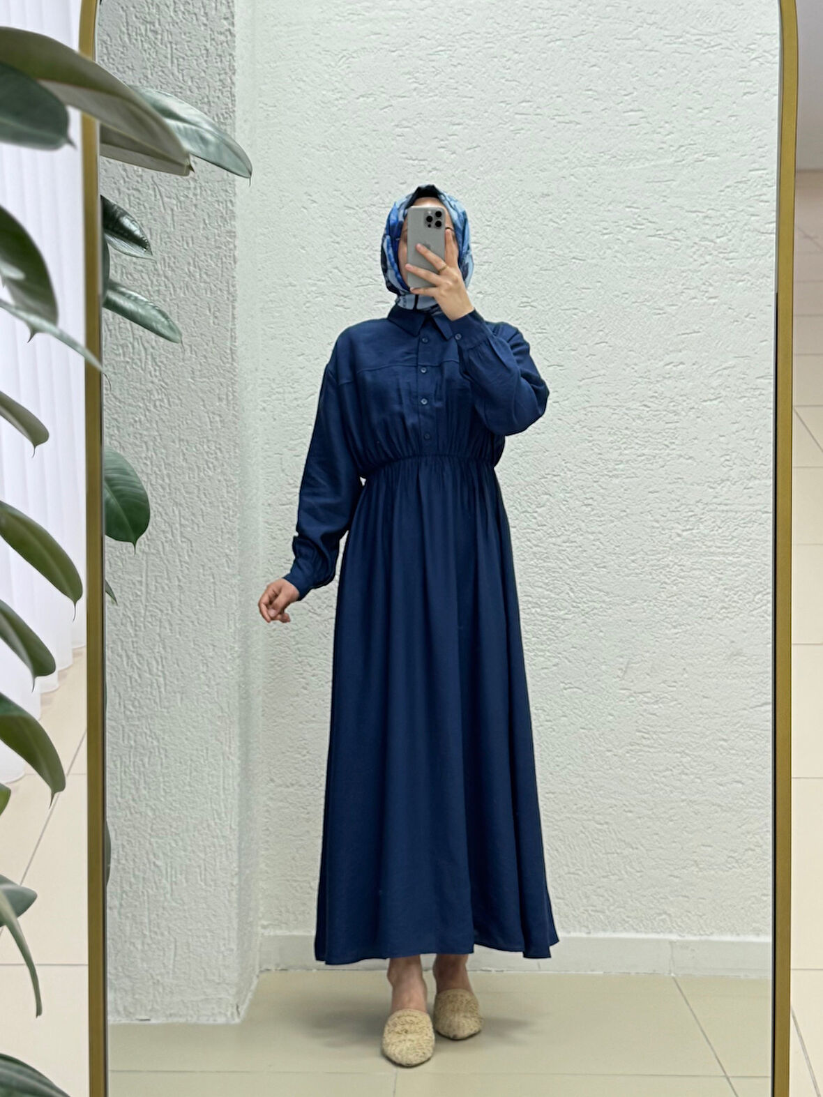 Mireva Yarım Patlı Beli Lastikli Elbise-AS4078 Lacivert