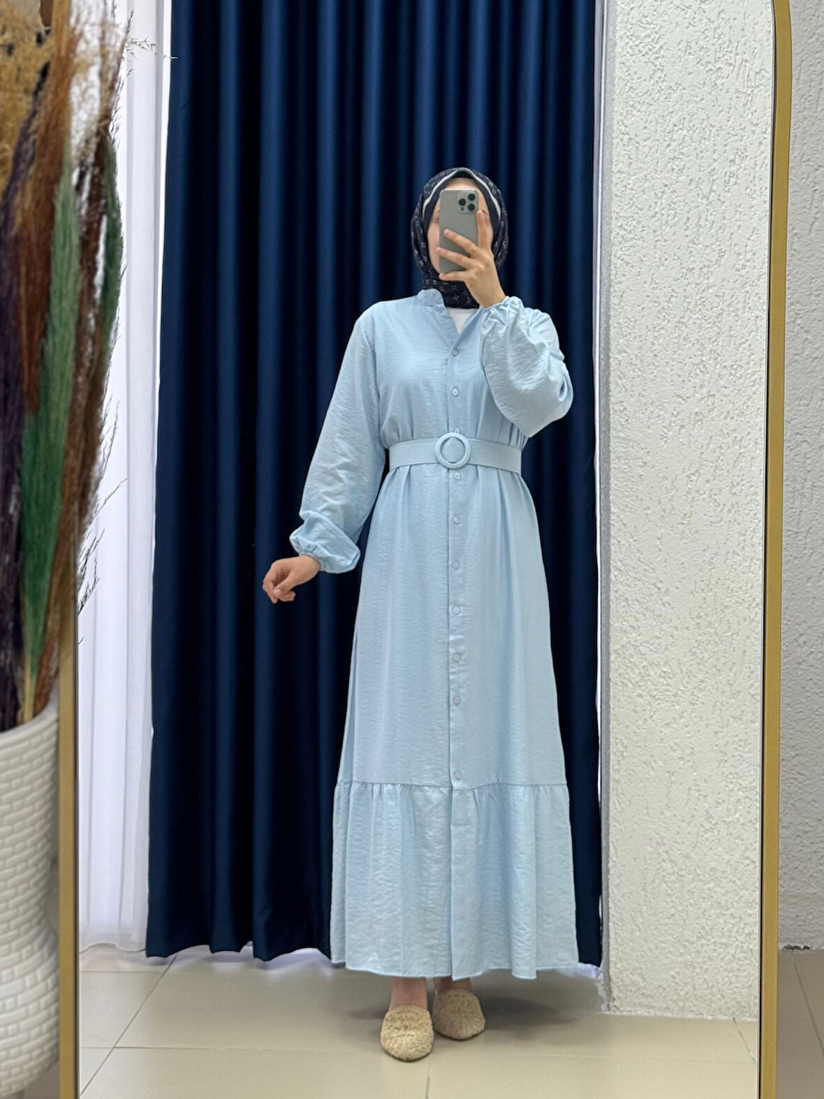 Miressa Boydan Düğmeli Kemerli Çilek Elbise-PE620 Mavi