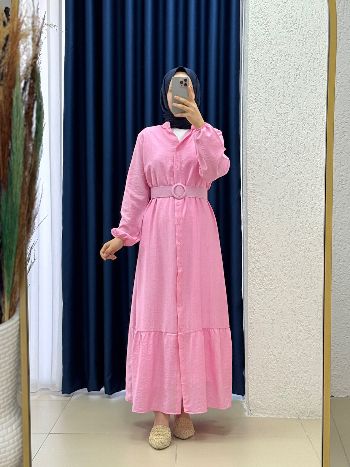 Miressa Boydan Düğmeli Kemerli Çilek Elbise-PE620 Pembe