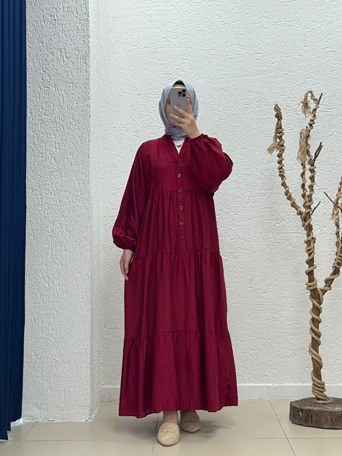 Yazlık Tesettür Elbise/Melina Düğmeli Çilek Elbise-KN9658 Bordo