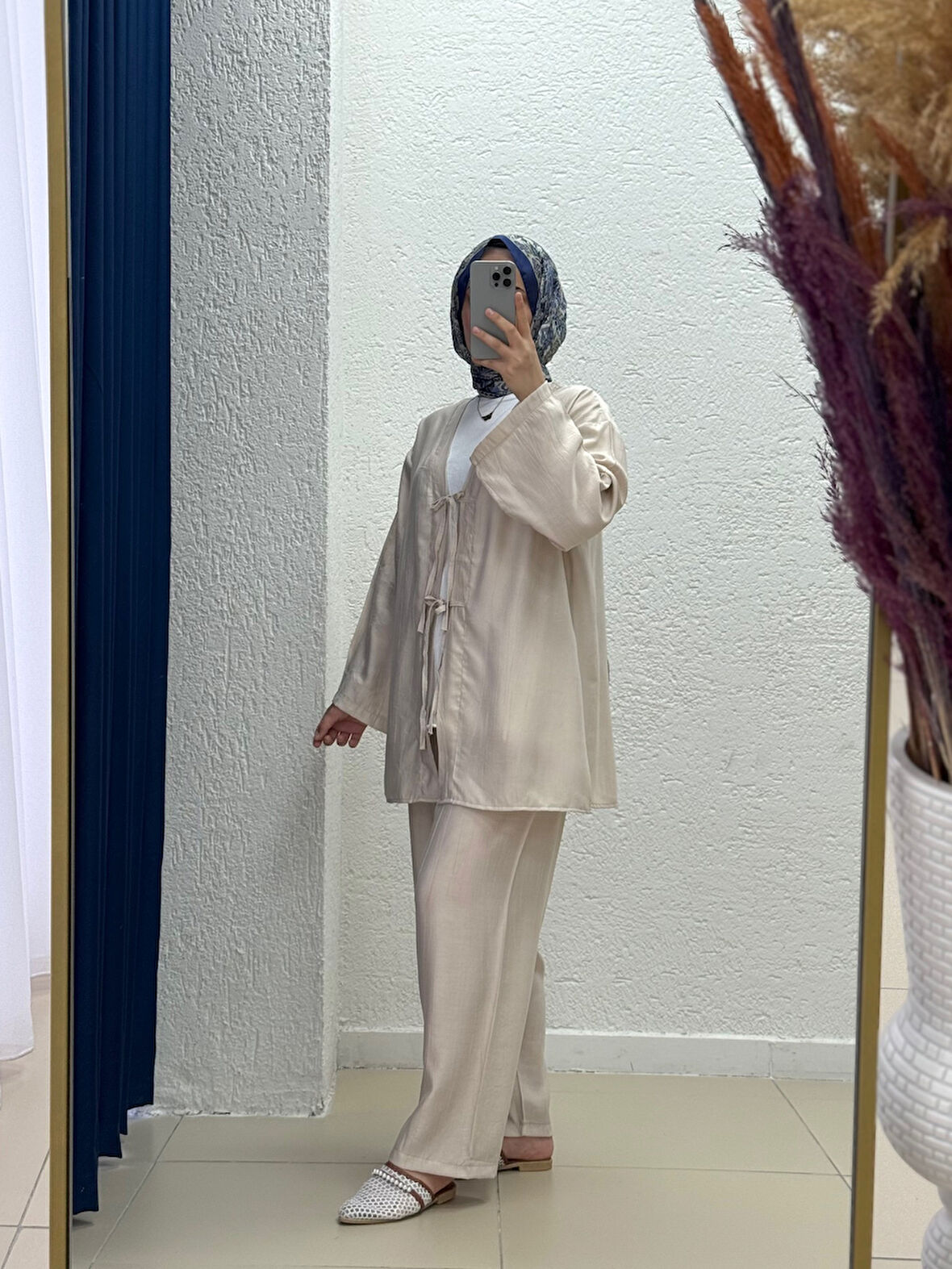 Yazlık Tesettür Pantolonlu Takım/Melesia Ön Bağcıklı Çilek Pantolonlu Takım-MF213 Taş