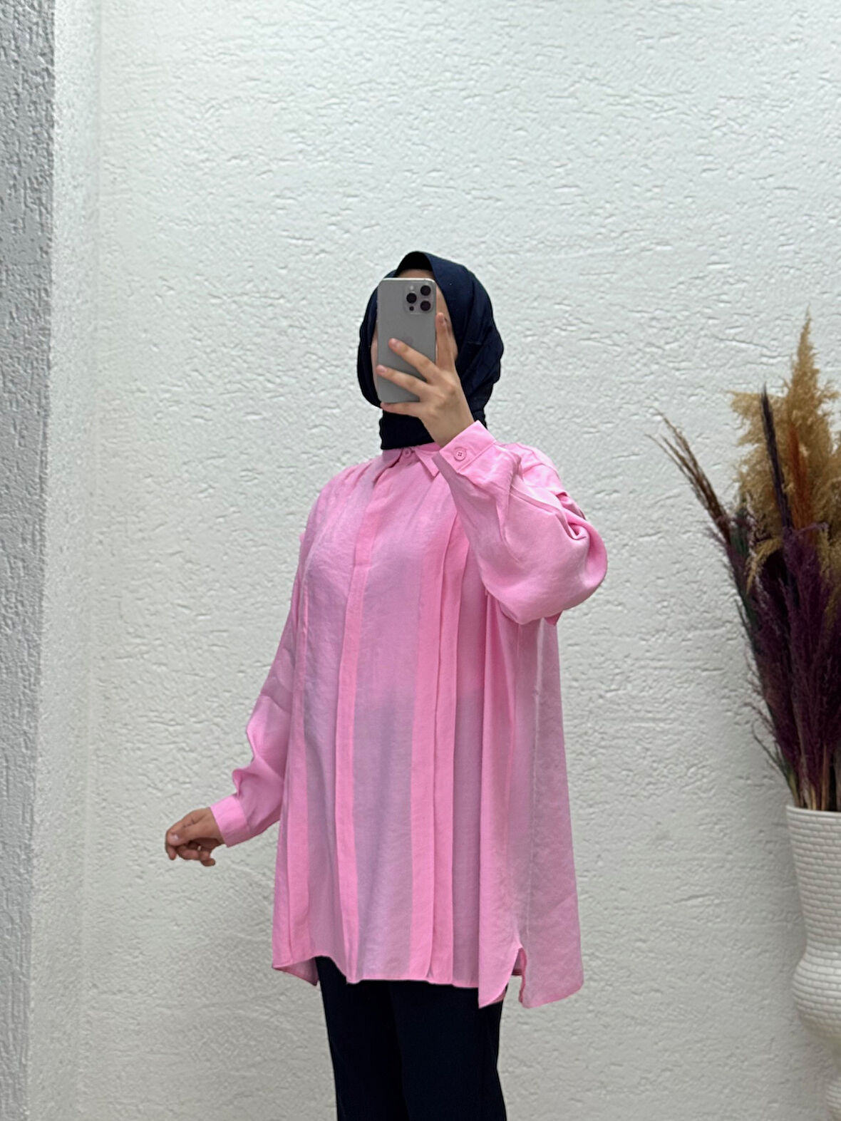 Melera Önü Şeritli İnce Biyeli Cupra Gömlek-EK576 Pembe