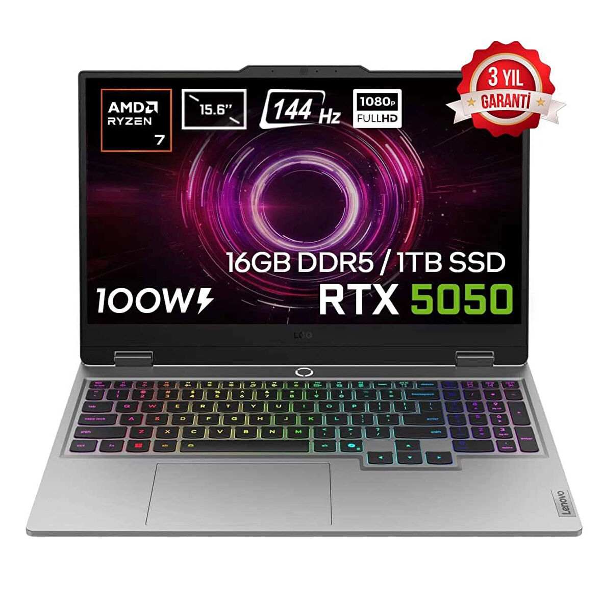 Lenovo LOQ 15AHP10 AMD Ryzen 7-250 16GB DDR5 1TB SSD RTX5050 8GB 100W 15.6 inç Full HD 144Hz IPS FreeDos Gaming Laptop (83JG006ATRv2)