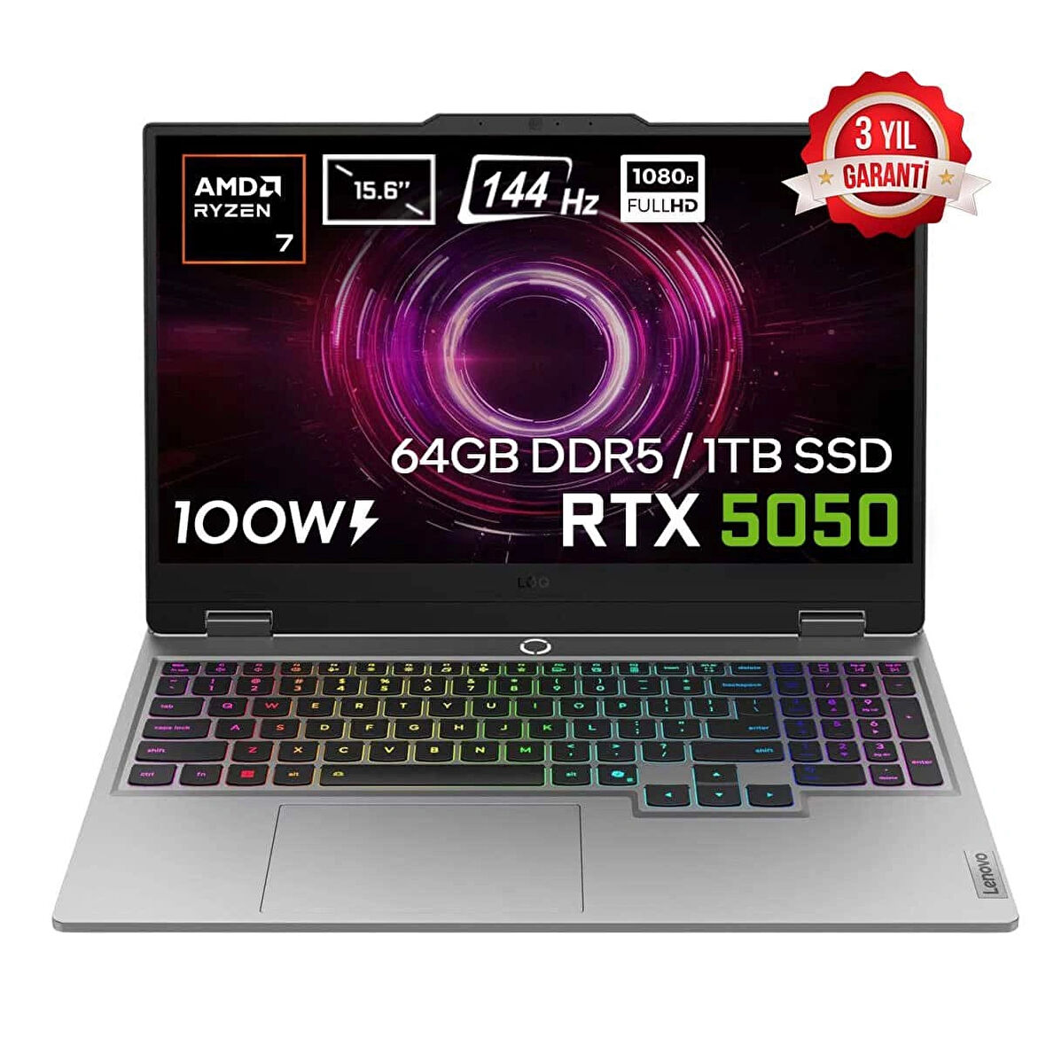 Lenovo LOQ 15AHP10 AMD Ryzen 7-250 64GB DDR5 1TB SSD RTX5050 8GB 100W 15.6 inç Full HD 144Hz IPS FreeDos Gaming Laptop (83JG006ATRv8)