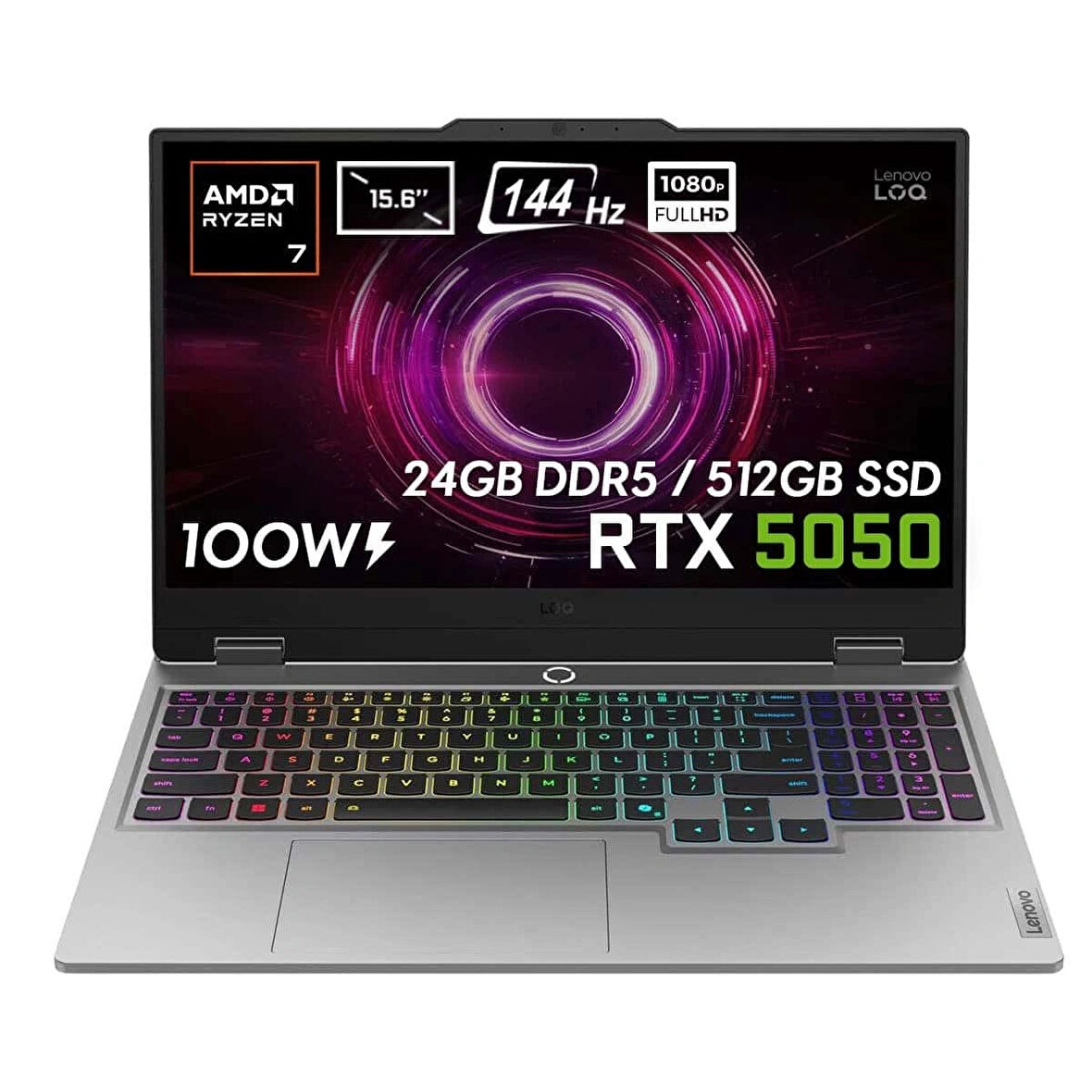 Lenovo LOQ 15AHP10 AMD Ryzen 7-250 24GB DDR5 512GB SSD RTX5050 8GB 100W 15.6 inç Full HD 144Hz IPS FreeDos Gaming Laptop (83JG006CTR)