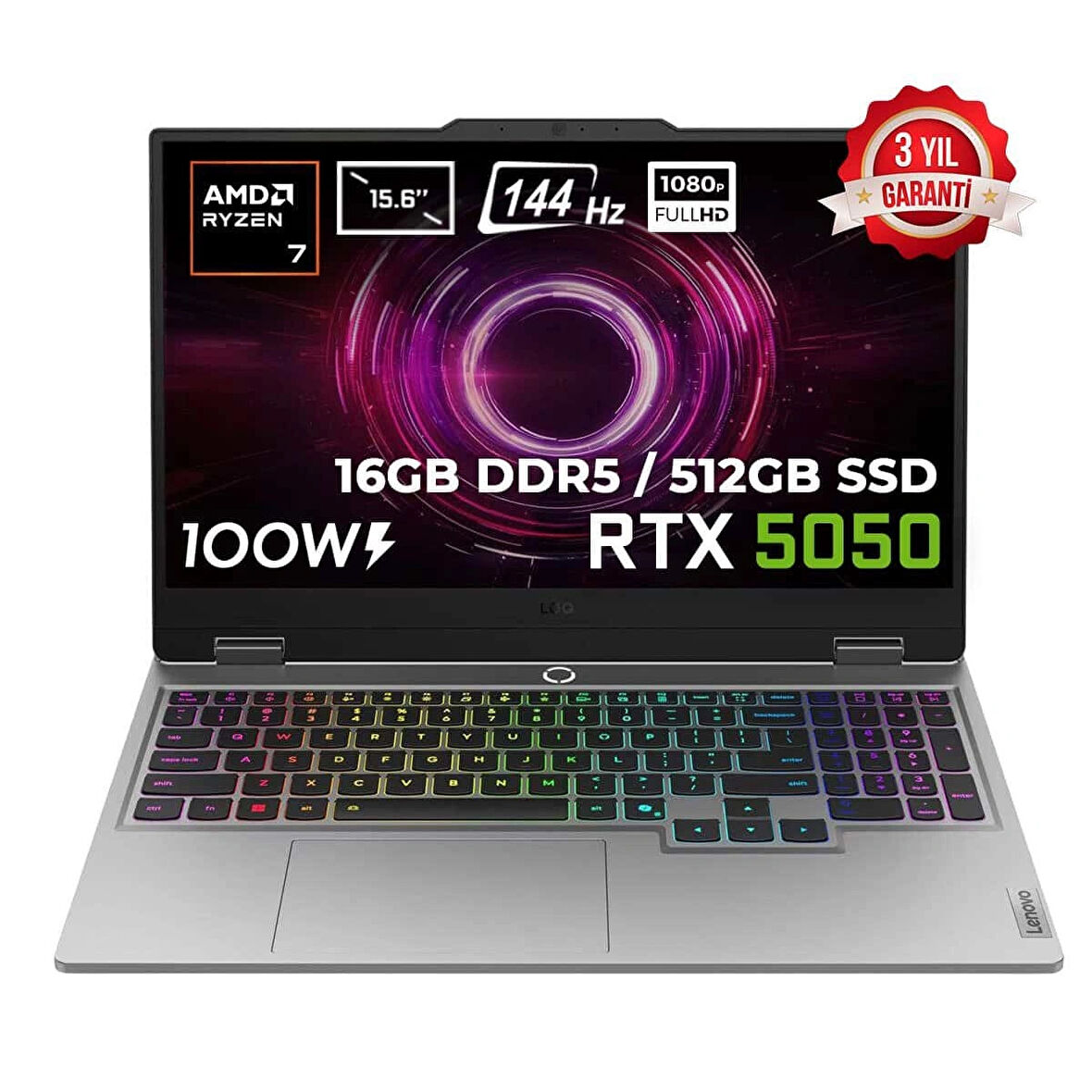 Lenovo LOQ 15AHP10 AMD Ryzen 7-250 16GB DDR5 512GB SSD RTX5050 8GB 100W 15.6 inç Full HD 144Hz IPS FreeDos Gaming Laptop (83JG006CTRv1)