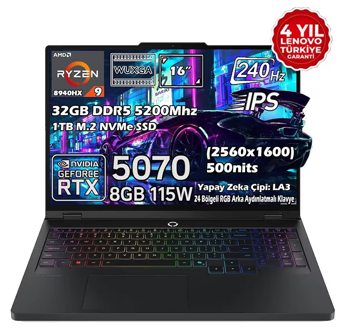 Lenovo Legion Pro 5 16ADR10 Amd Ryzen 9 8940HX 32GB 1tb SSD Rtx 5070 8gb 16" Wqxga (2560X1600) IPS Panel 240Hz 115W Freedos Taşınabilir Dizüstü Bilgisayar 83LT0046TR