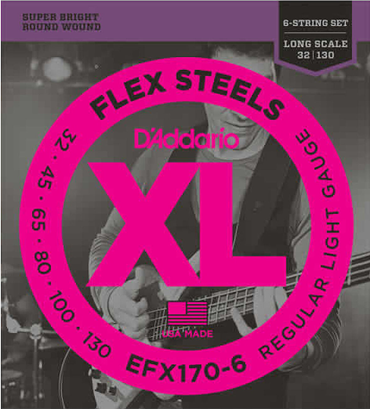 D'Addario EFX170-6 FlexSteels 6-String Bass, Light, 32-130, Long Scale Takım Tel 6 Telli Bas Gitar Teli 032-130