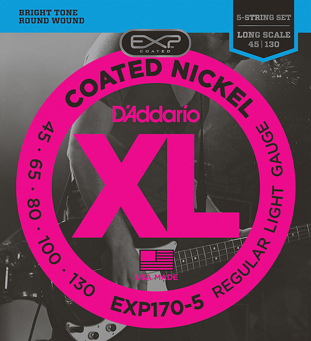 D'Addario EXP170-5 Coated Nickel Wound 5-String Bass, Light, 45-130, Long Scale Takım Tel 5 Telli Bas Gitar teli 045-130